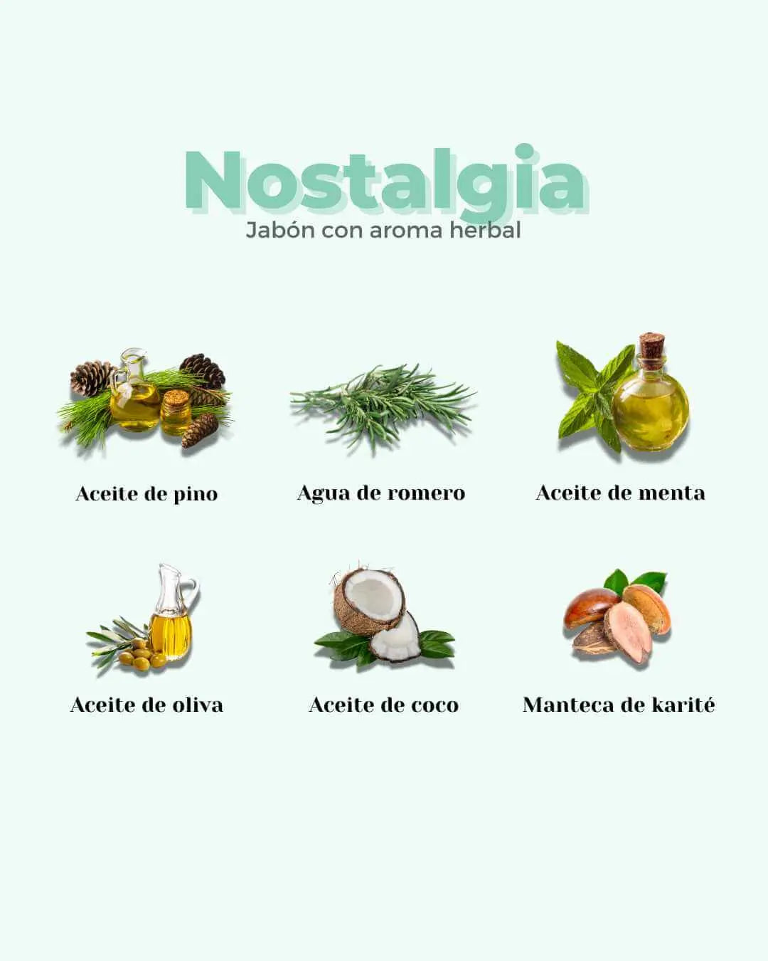 Ingredientes naturales del jabón sólido Nostalgia de Banbu: pino, romero, menta, oliva, coco y manteca de karité.