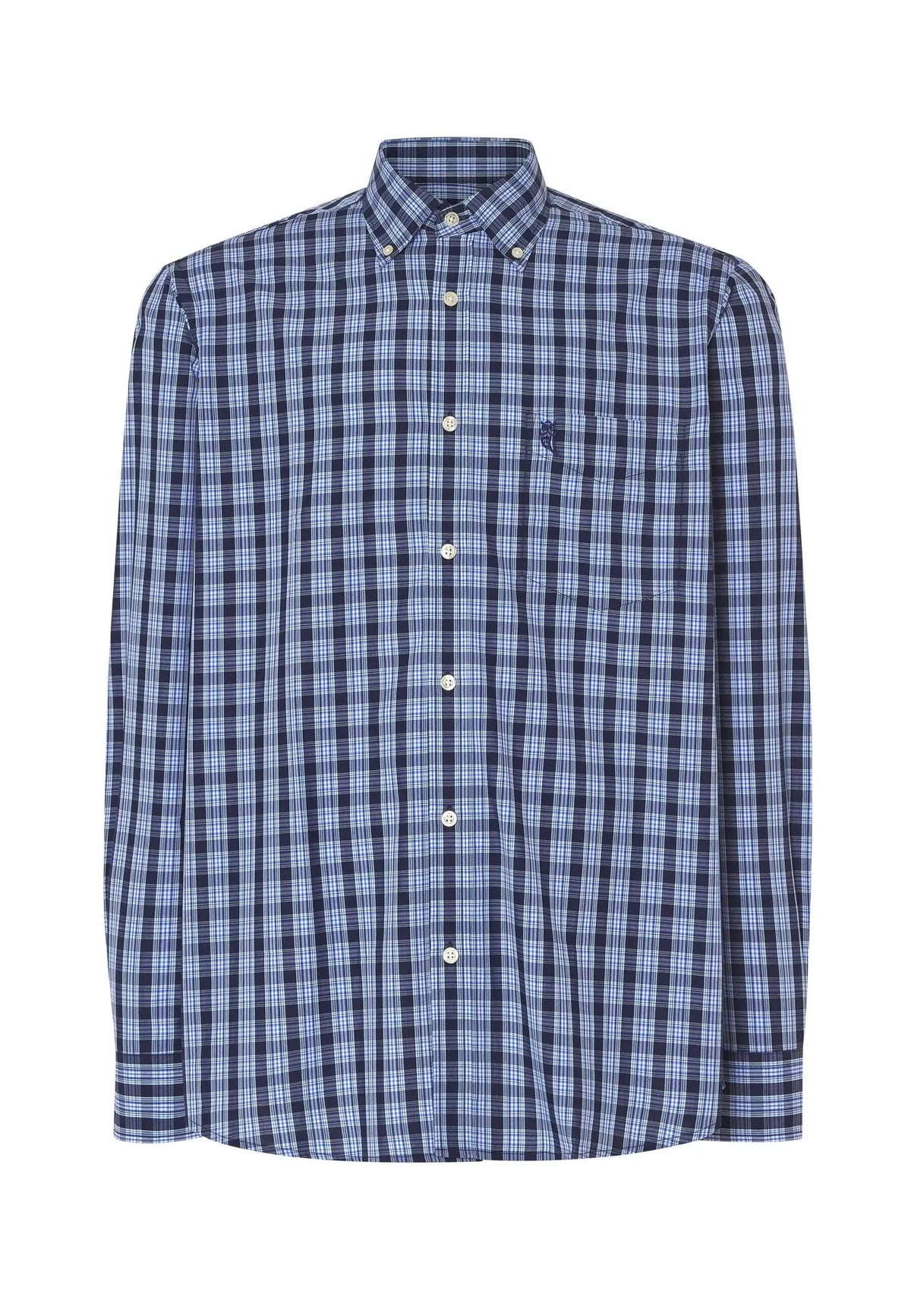 Camisa de hombre manga larga en popelín de algodón a cuadros azules con bolsillo, estilo clásico y corte cómodo.