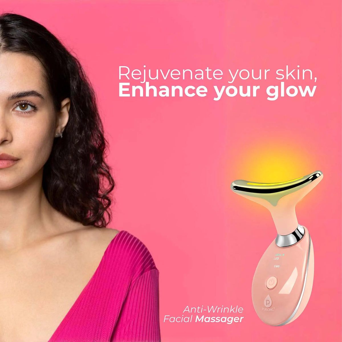 Woman in pink beside a peach-colored LED facial sculpting wand glowing with yellow light against a pink background.