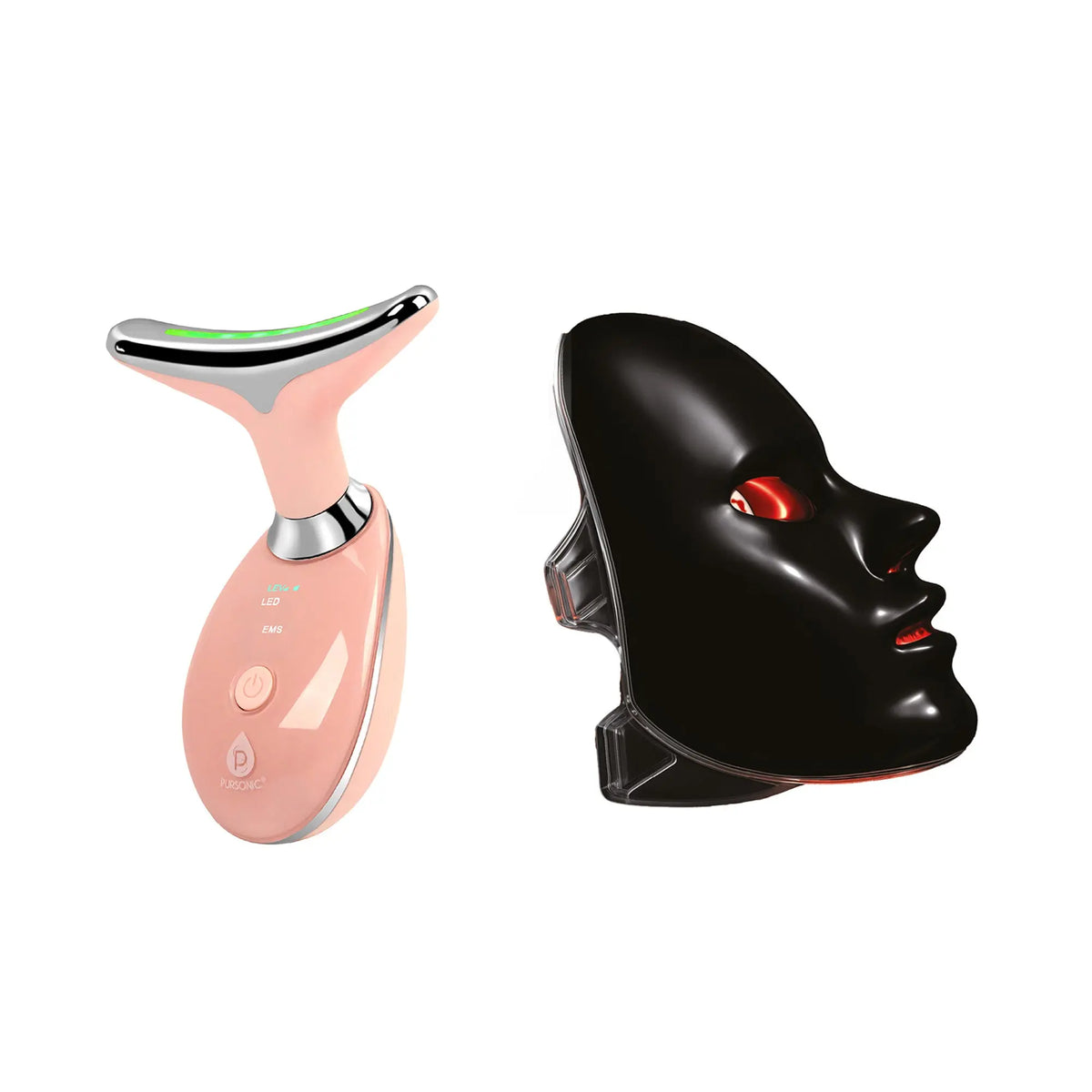 Pink LED sculpting wand and black facial mask with interior red light illumination.