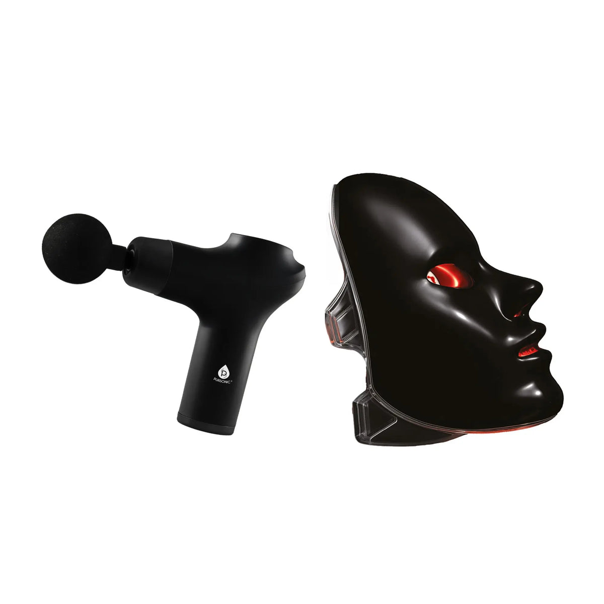 Black massage gun with ball head and black contoured LED facial mask with visible red light glow against white.