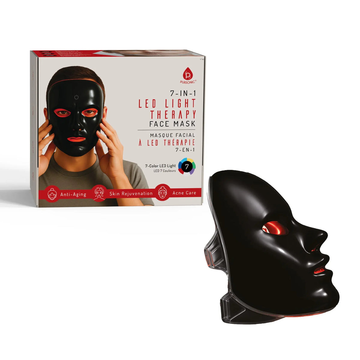Pursonic 7-in-1 LED face mask product box and a black, smooth LED therapy face mask isolated on a white background.