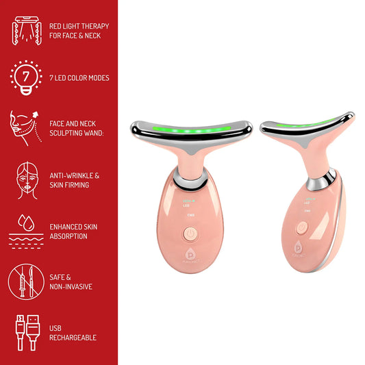 Two pink, curved LED light therapy wands with chrome heads, shown from front and side angles against a red background.