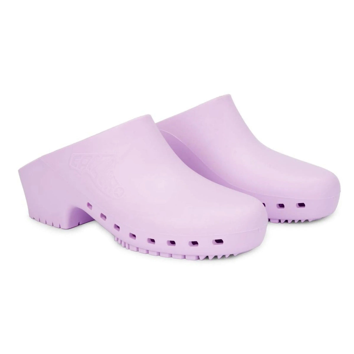 Pair of lavender slip-on clogs with a solid upper, closed-toe design, and thick, lugged rubber soles.