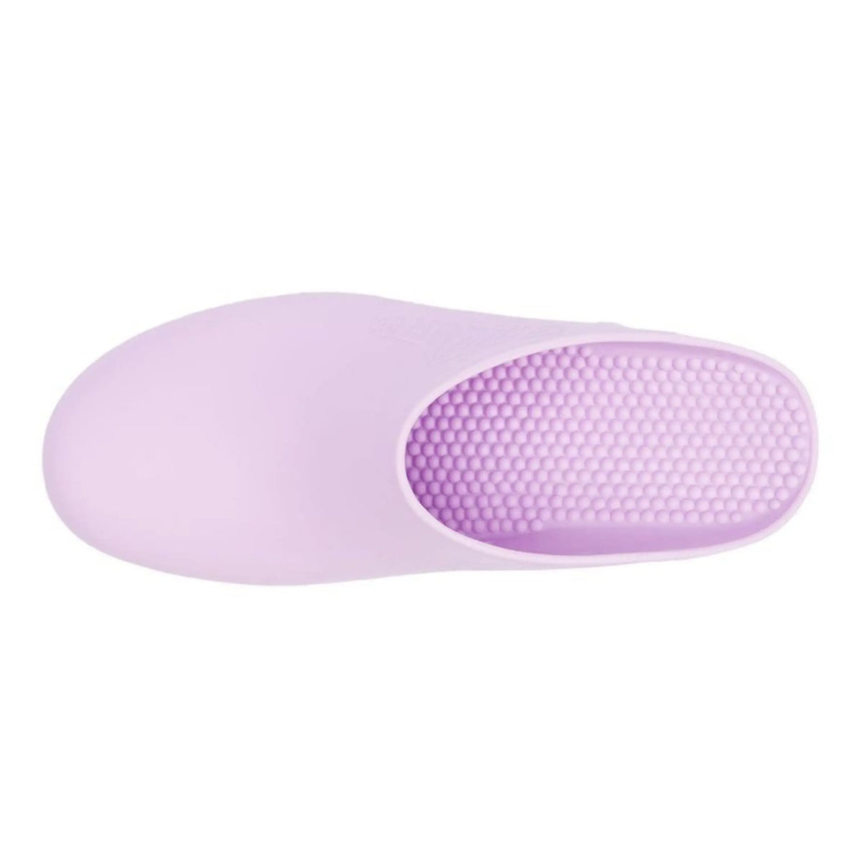 Lavender slip-on clog with a smooth, hole-free upper and a textured, circular-patterned cushioned footbed.