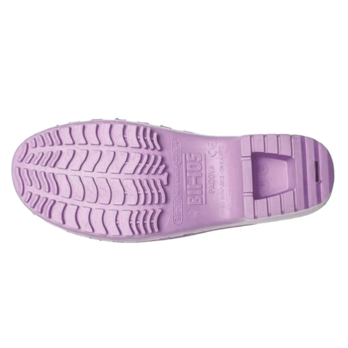 Bottom view of a lavender slip-on clog with a textured, slip-resistant tread pattern and embossed size markings.