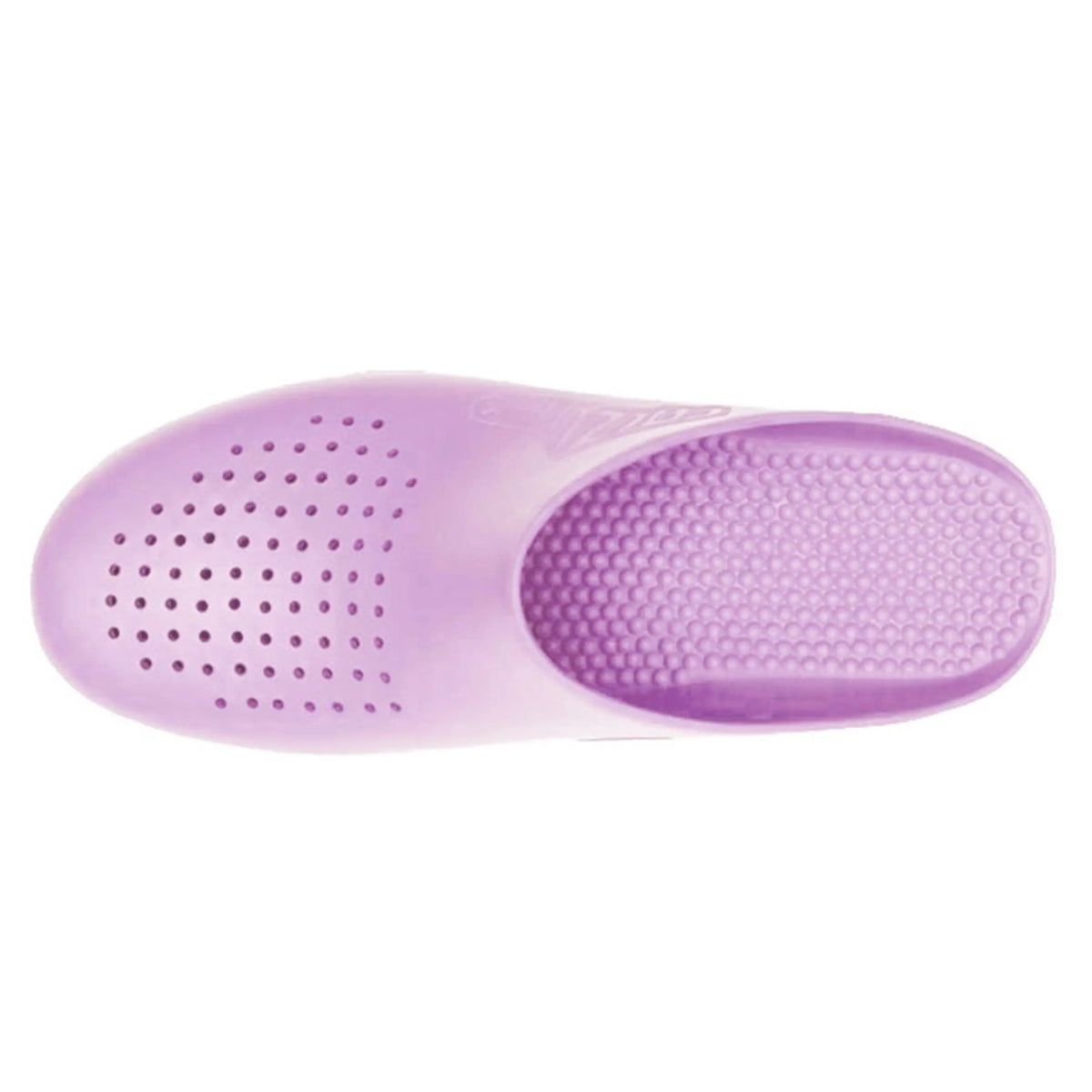Lavender rubber clog with a perforated toe box and a textured, non-slip footbed seen from above.