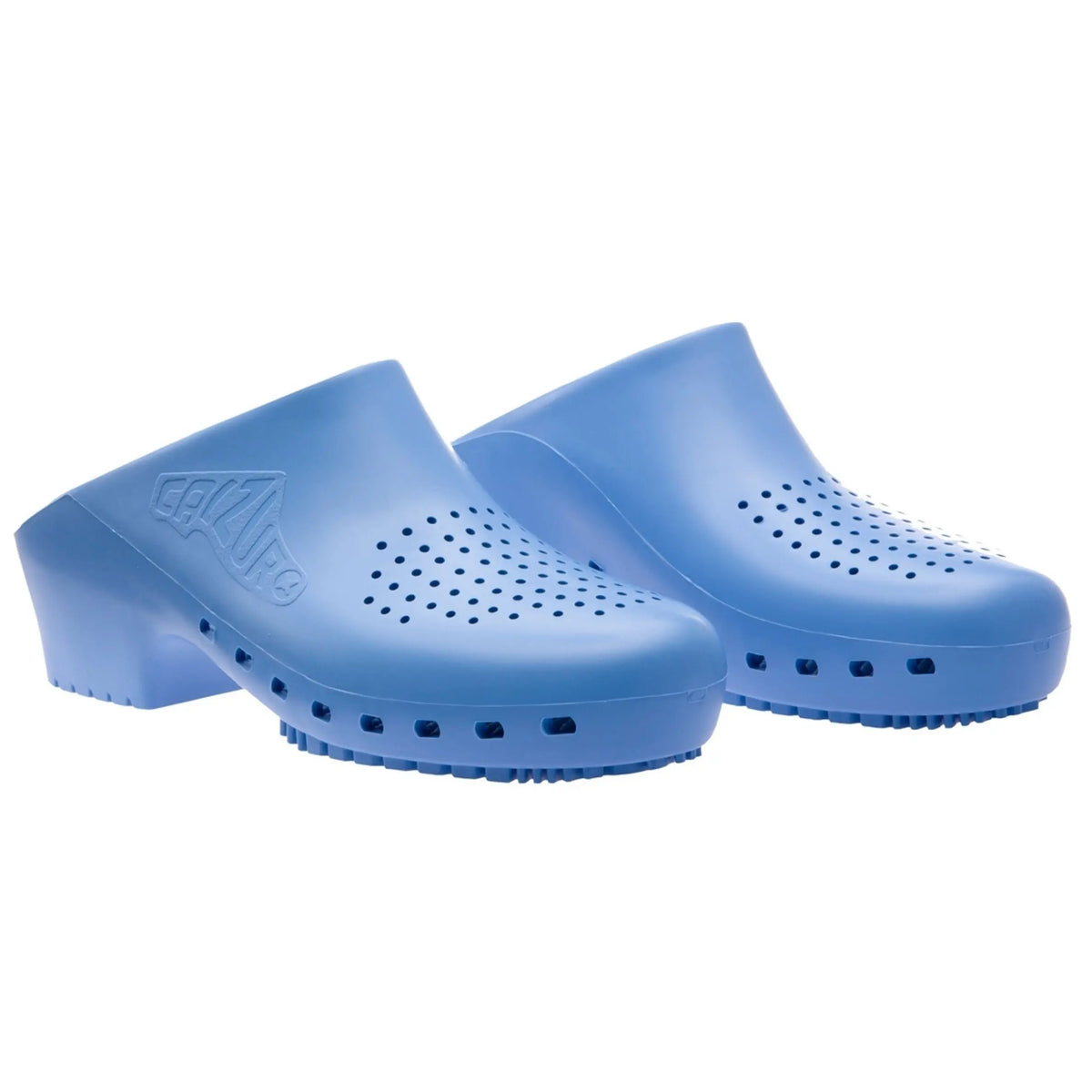 Light blue slip-on clogs with perforated ventilation holes on the top and sides, featuring a sturdy rubberized design.
