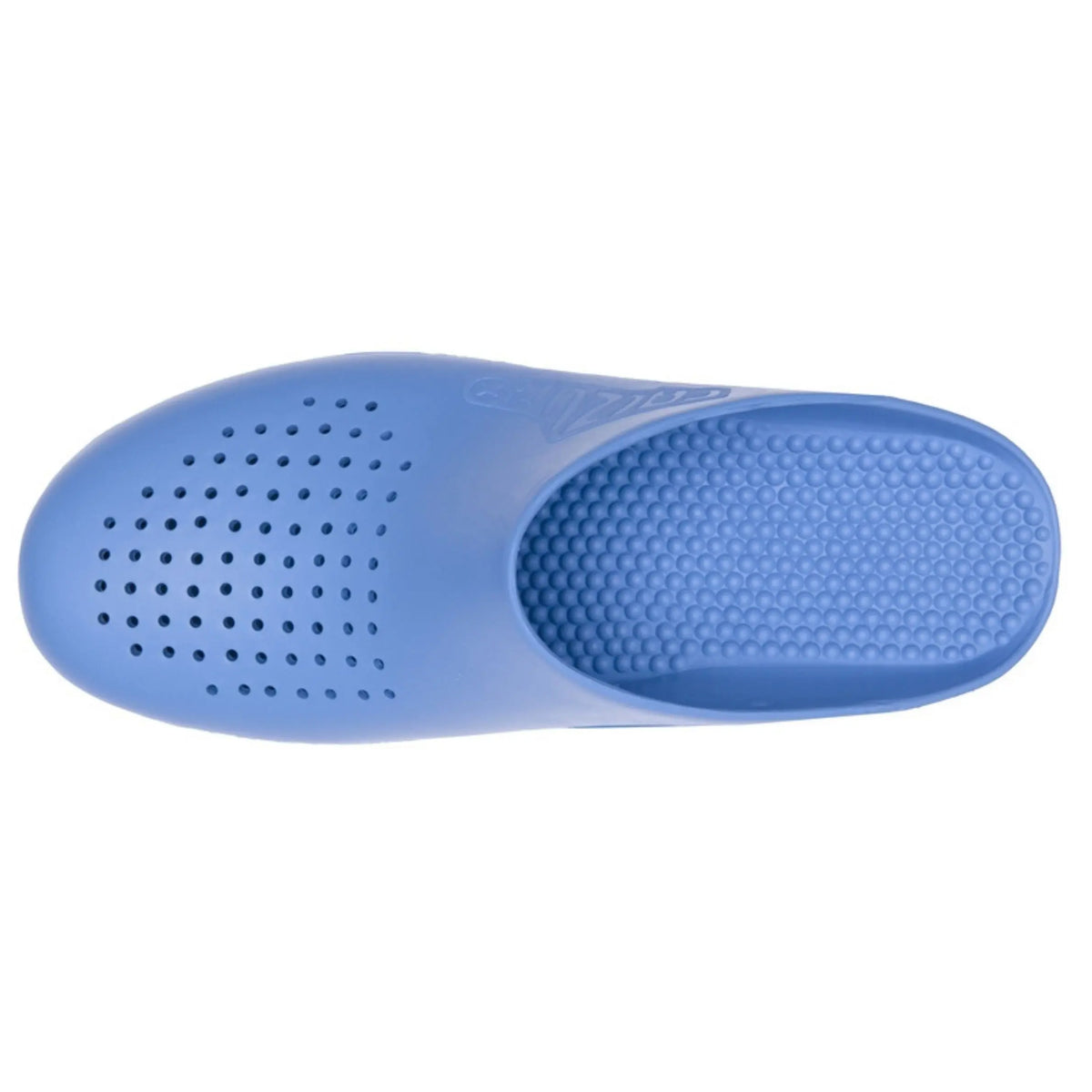 Light blue slip-on clog with ventilation holes on the rounded toe and a textured, pebbled footbed.