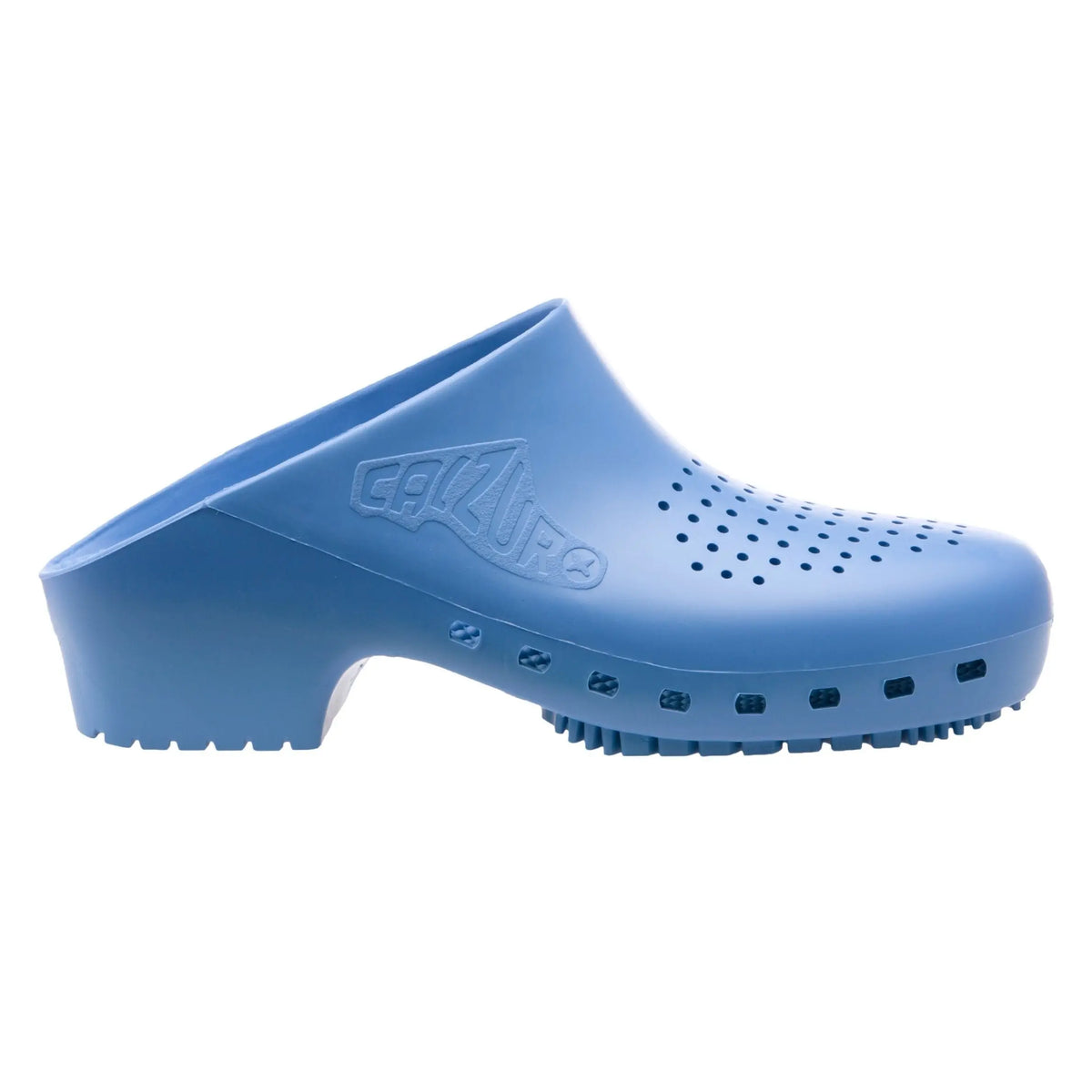 Light blue rubber medical clog with side ventilation holes and a block heel, shown in a side-profile view.