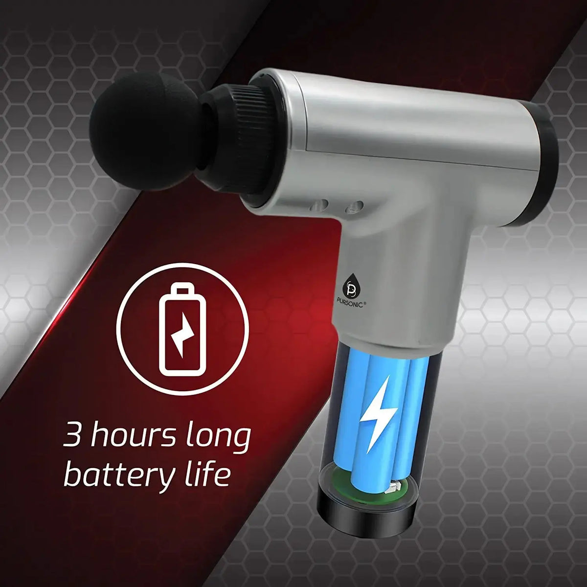 Silver and black Pursonic massage gun with a ball head and a cutaway view showing blue internal rechargeable batteries.