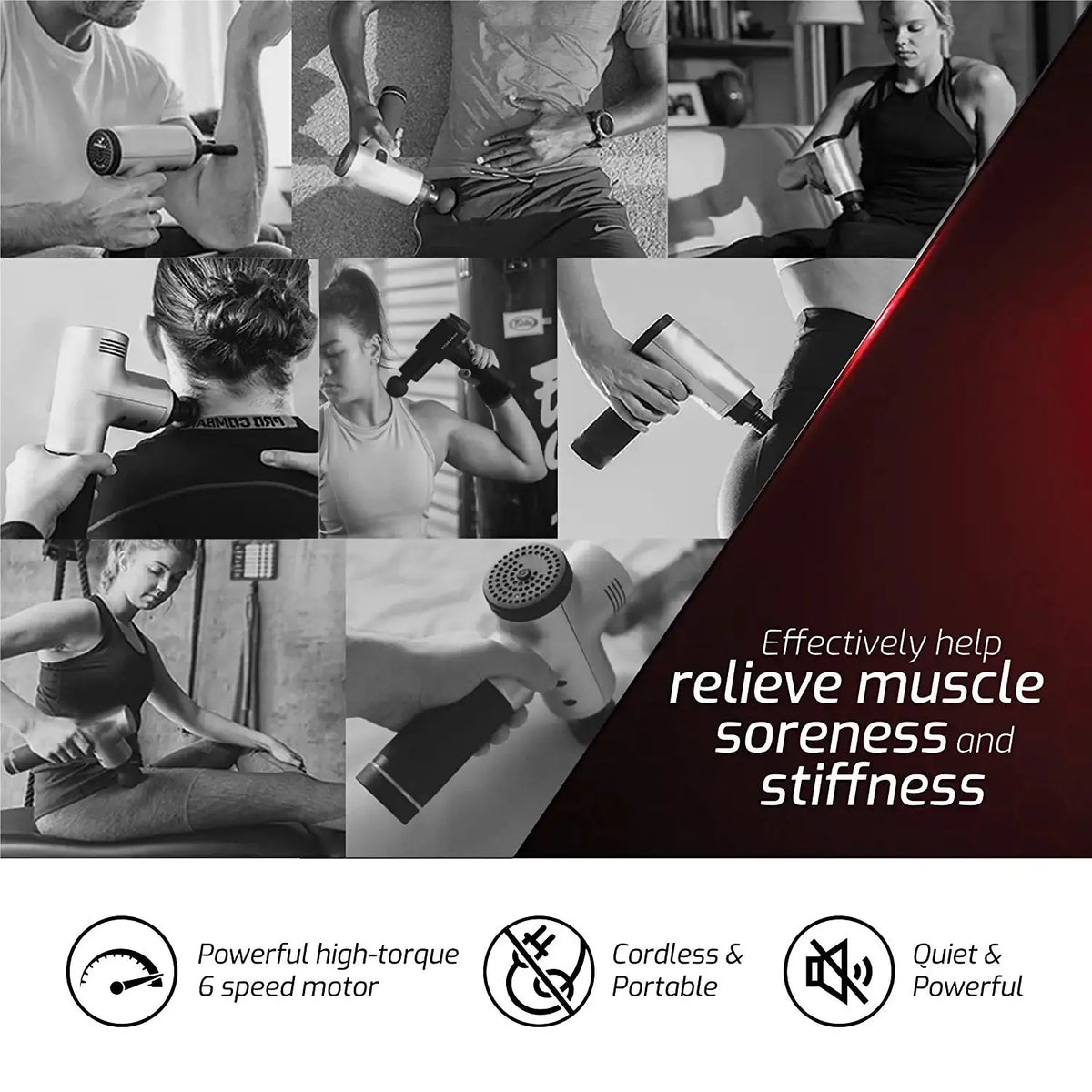 Collage of people using a silver, T-shaped cordless massage gun with 6 speed settings to relieve muscle soreness.