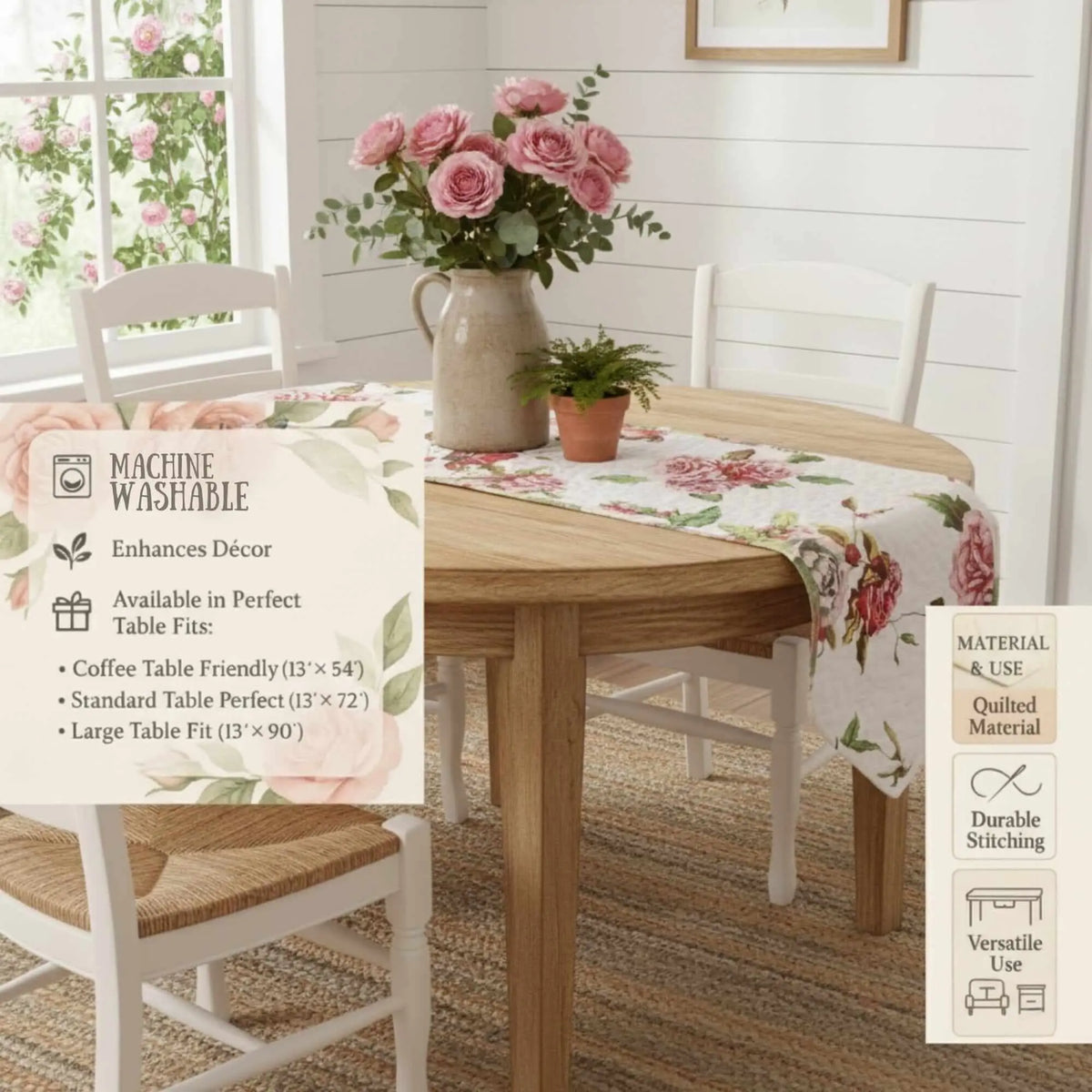 Quilted dining table runner featuring a romantic pink and white rose floral print on a white fabric background.