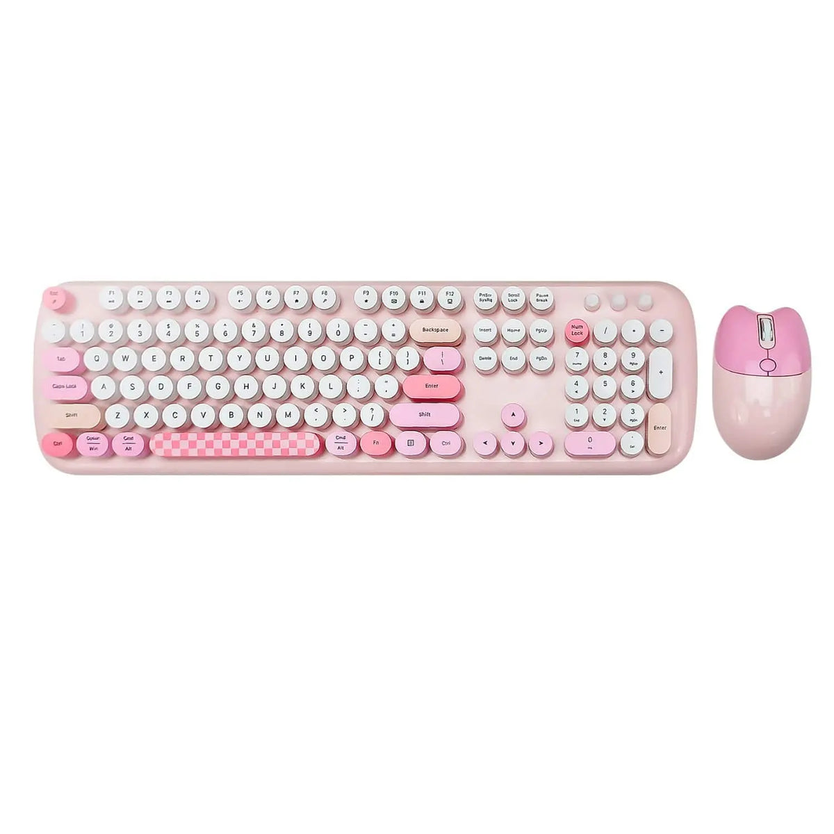 Pink wireless keyboard and mouse combo with round, typewriter-style keys, numeric keypad, and a checkered spacebar.
