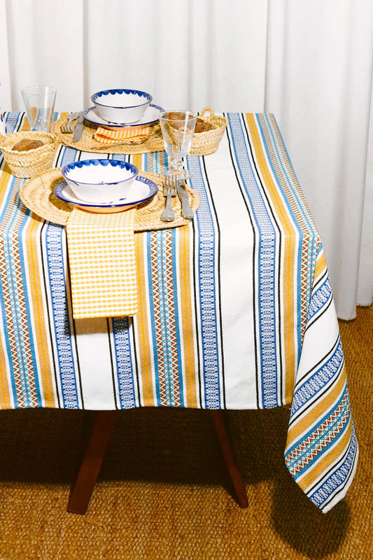Mantel de rayas azules y amarillas, 100% algodón, estilo moderno, ideal para decoración de mesa.