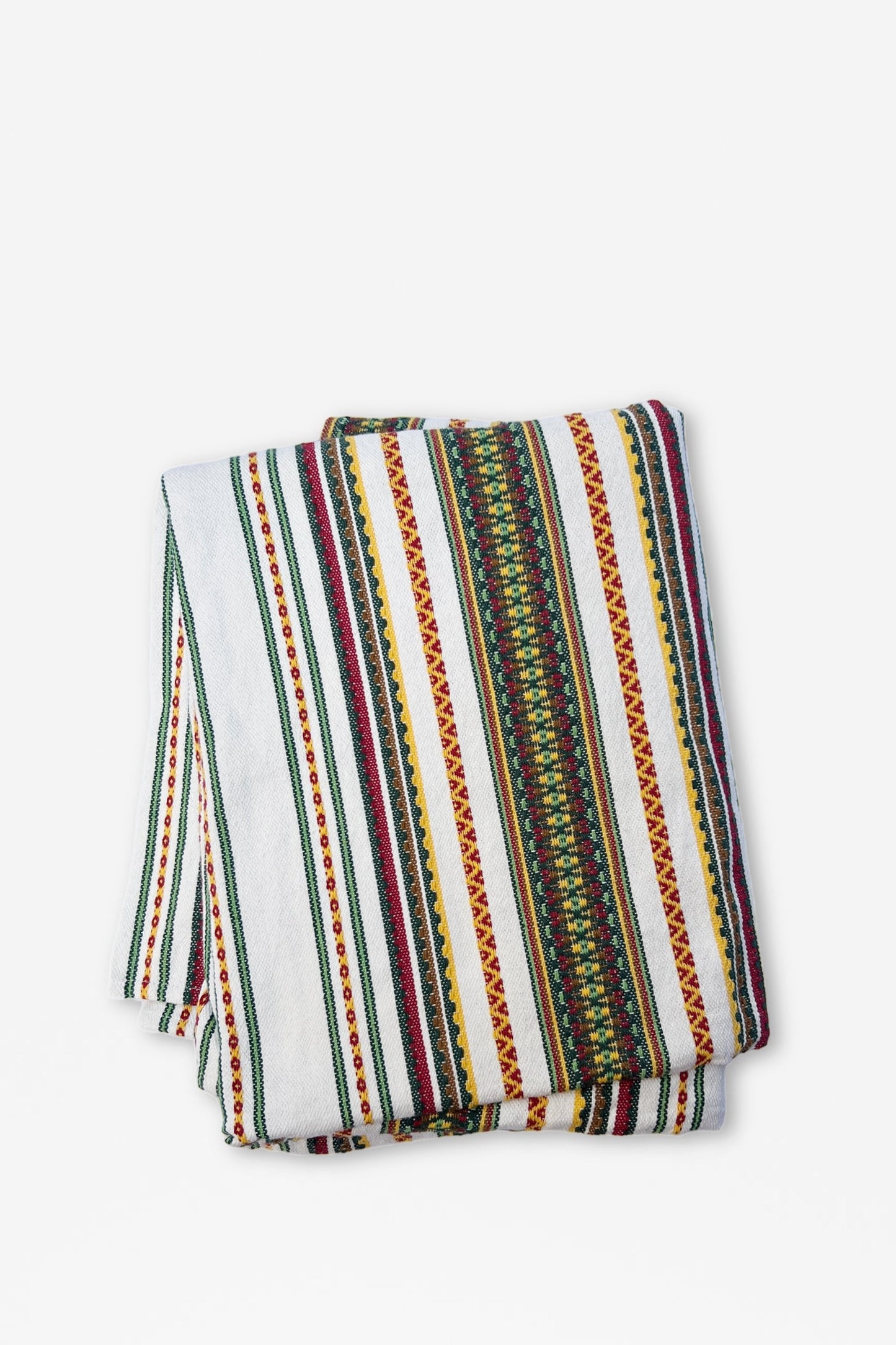 Mantel de algodón blanca con rayas verdes, rojas y amarillas, estilo étnico y tejido colorido.