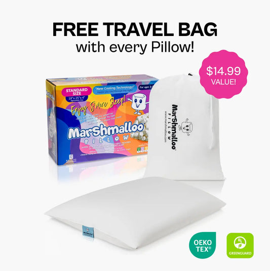 A white rectangular bed pillow, a white drawstring travel bag, and its colorful branded product box.