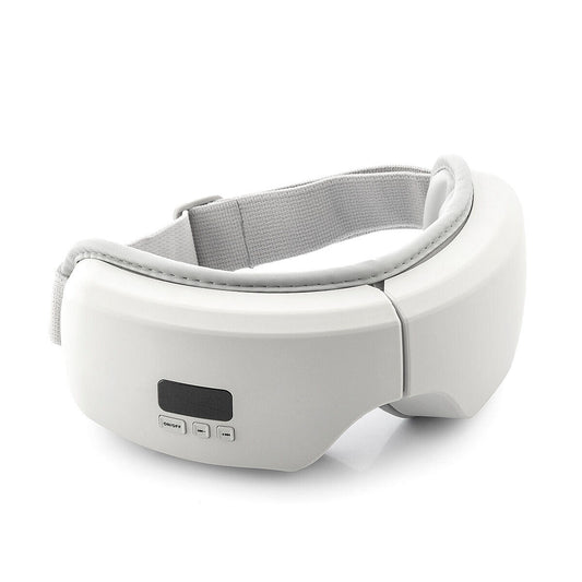 Masajeador de ojos color blanco con panel de control, correas ajustables y acolchado interior para mayor comodidad.