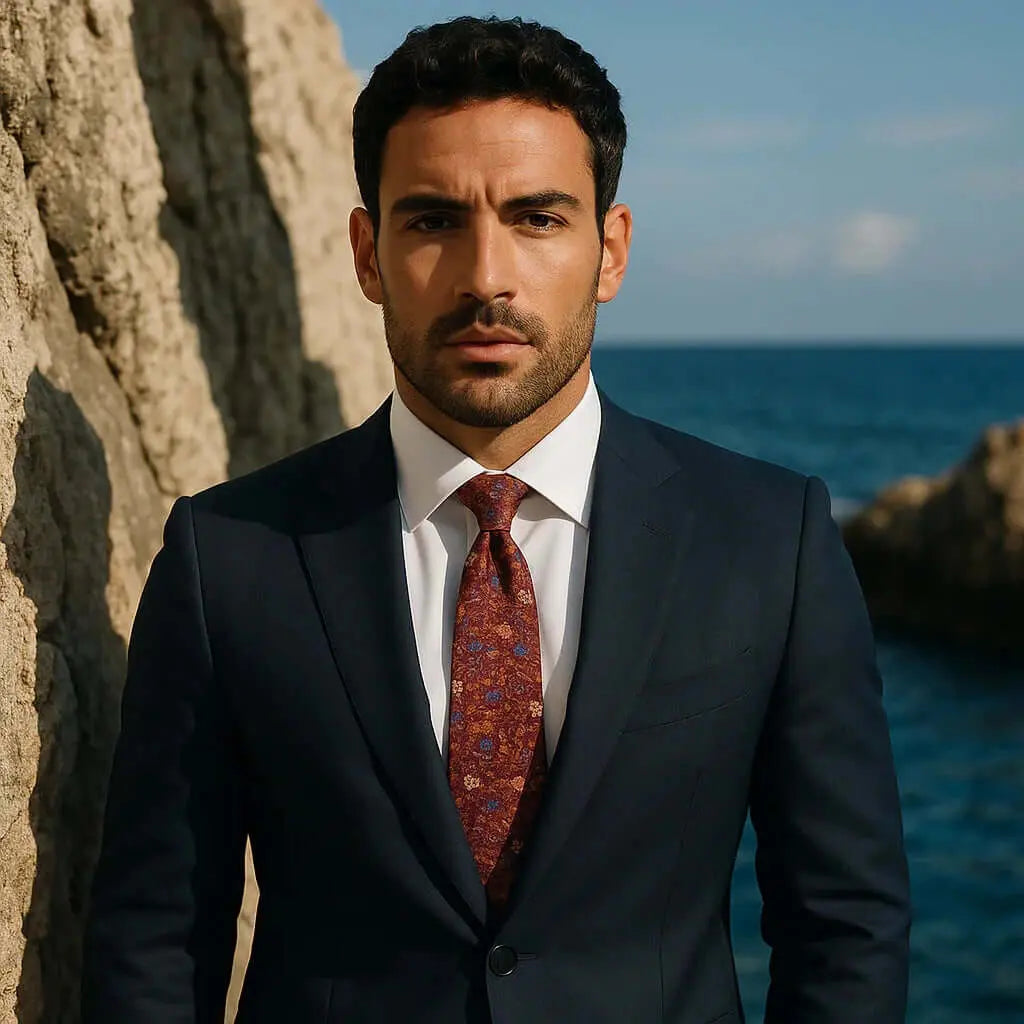 Hombre con traje azul marino, camisa blanca y corbata de seda en tono rojizo con estampado floral vintage detallado.