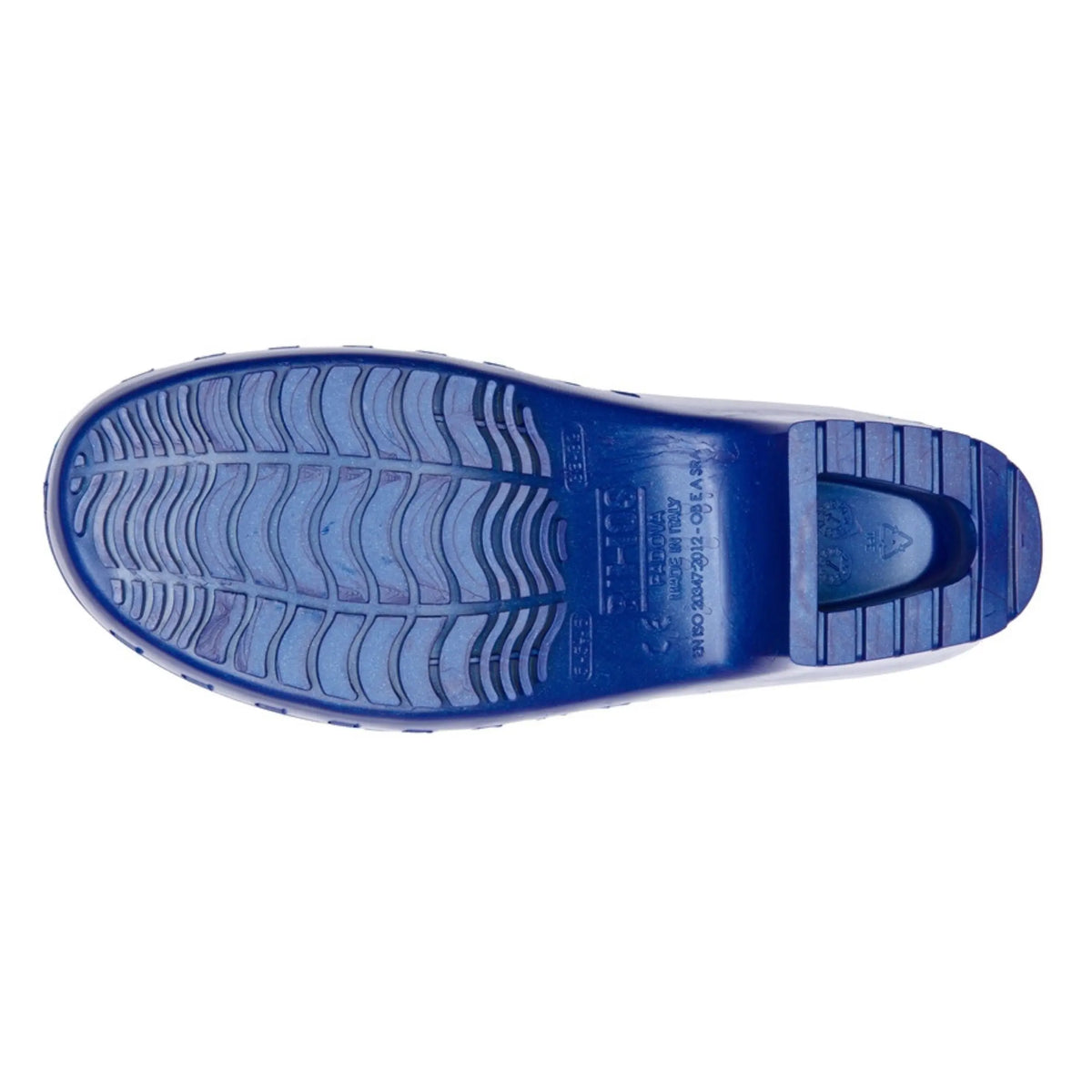 Metallic blue professional clog sole showing a textured, anti-slip wavy tread pattern and a block heel.