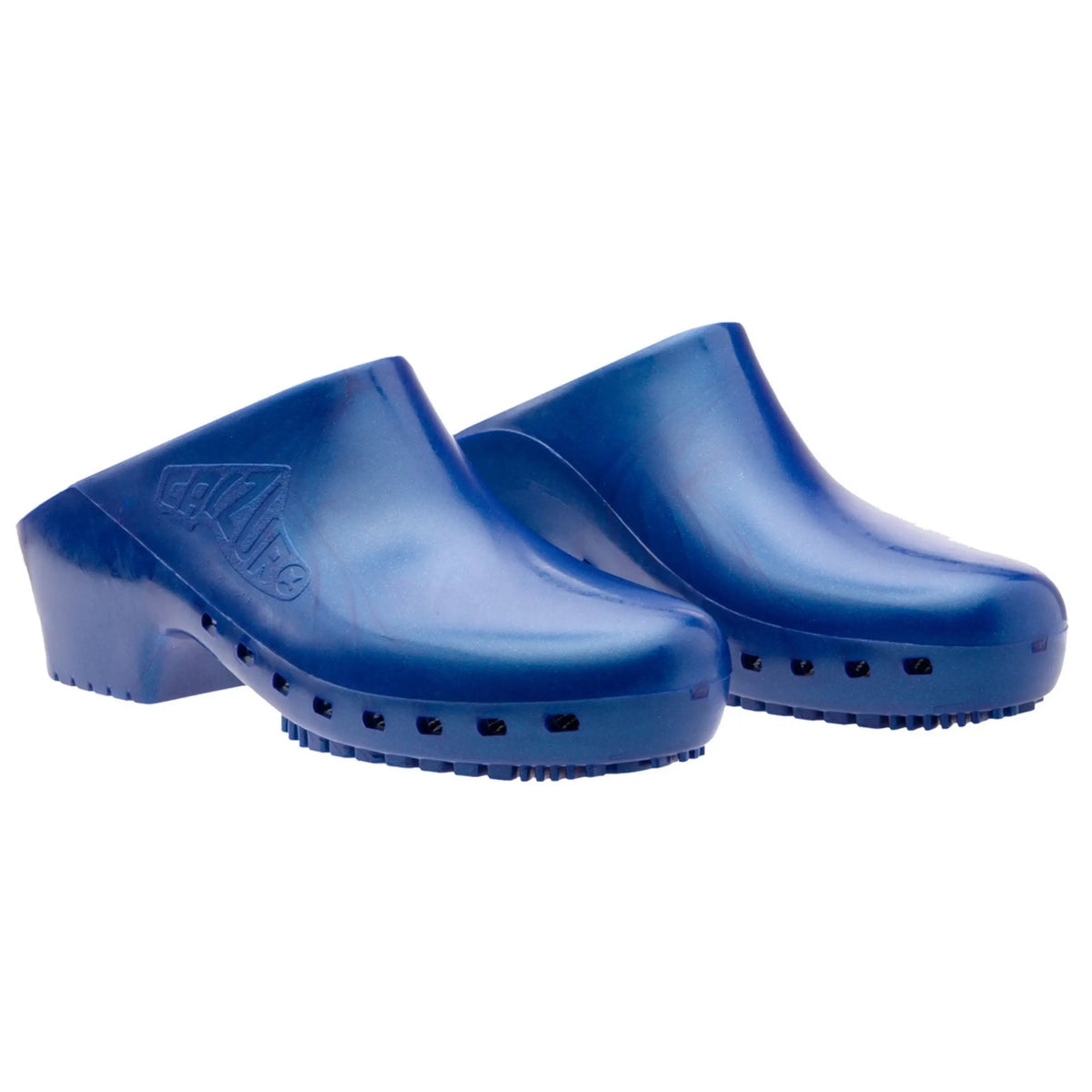 Metallic blue clogs with a solid, hole-free slip-on design and lugged soles, set against a plain white background.