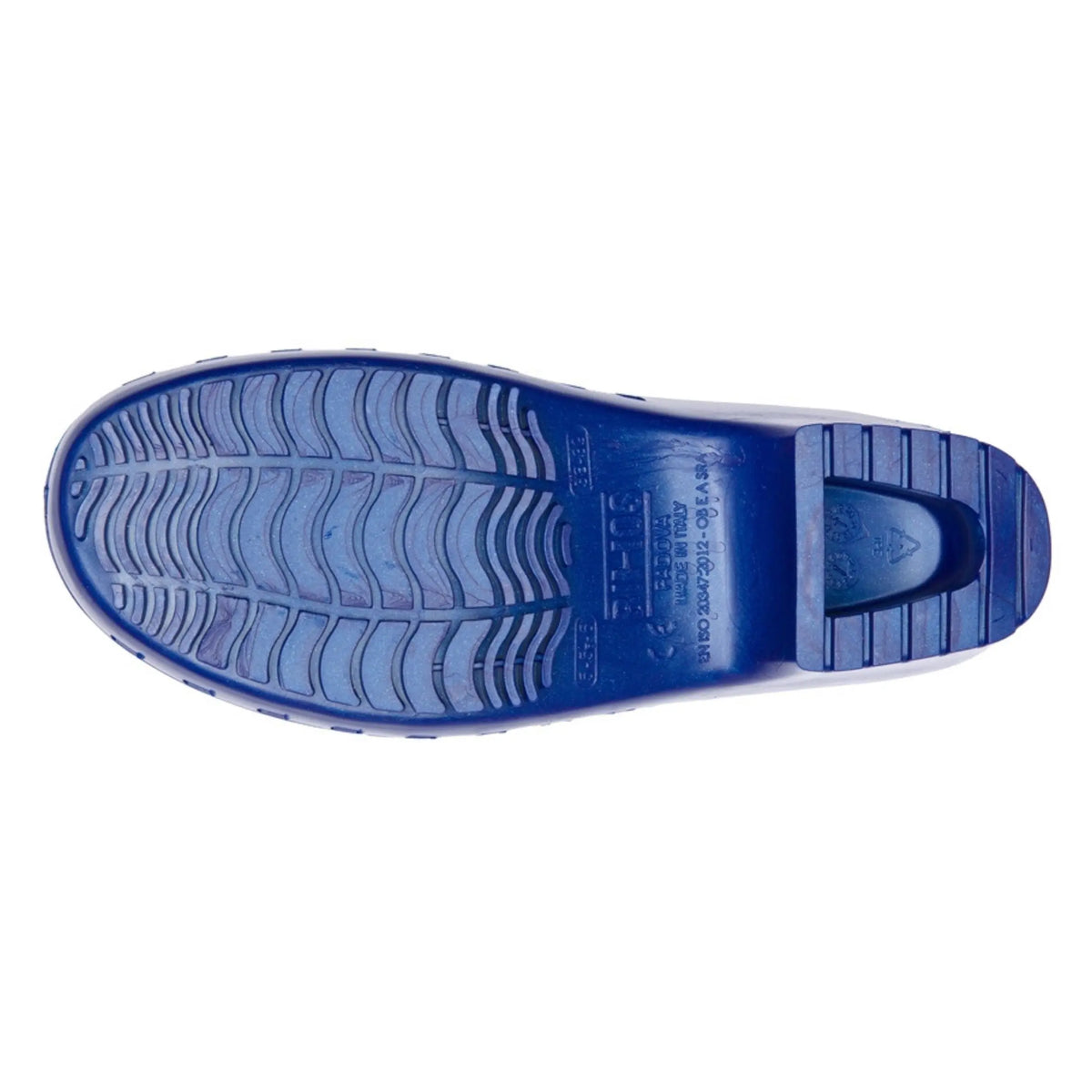 Metallic blue clogs viewed from underneath, showing a slip-resistant wave tread pattern and molded heel block.