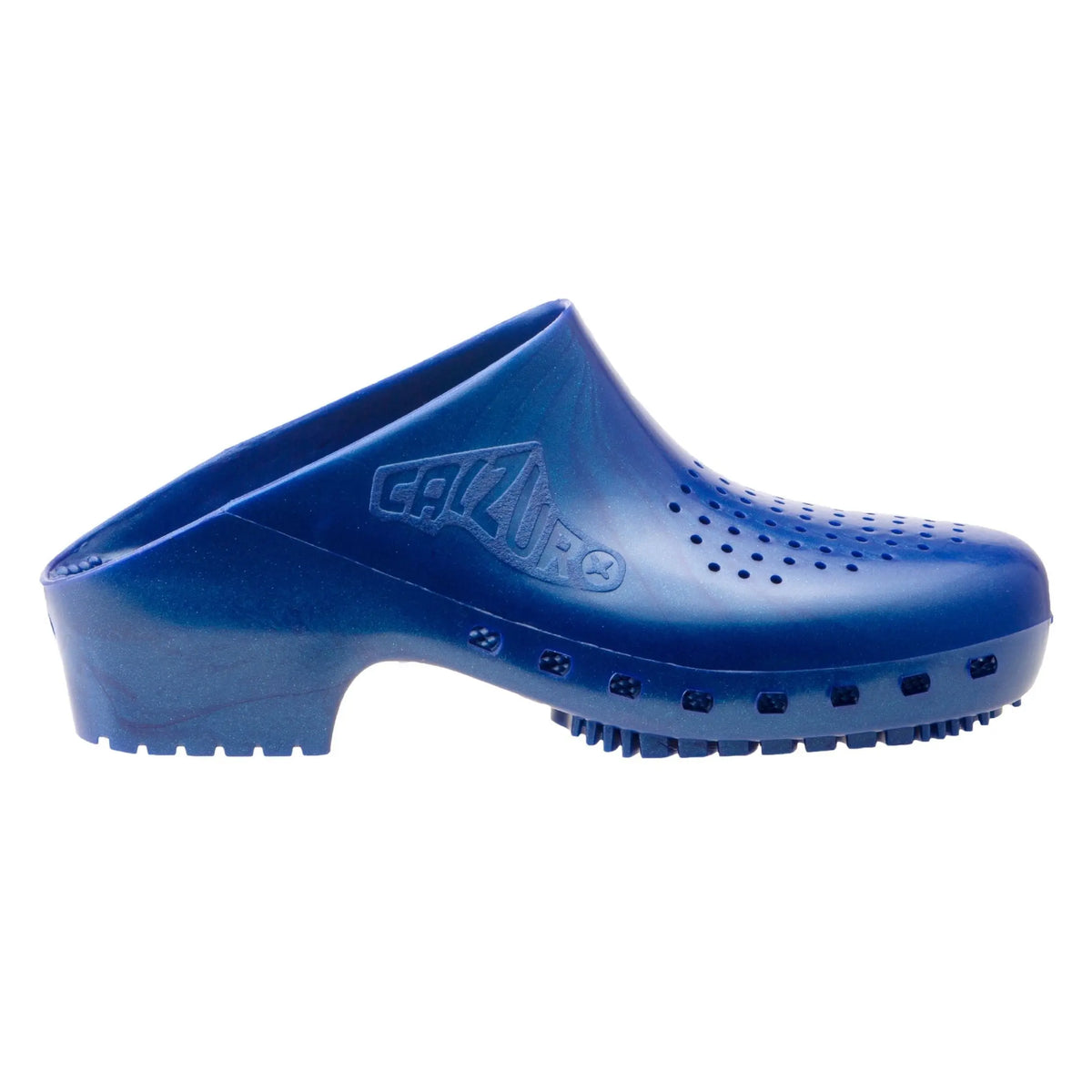 Metallic blue, slip-on rubber clog with side vents, ventilation holes on the top, and a sturdy, block-heeled sole.