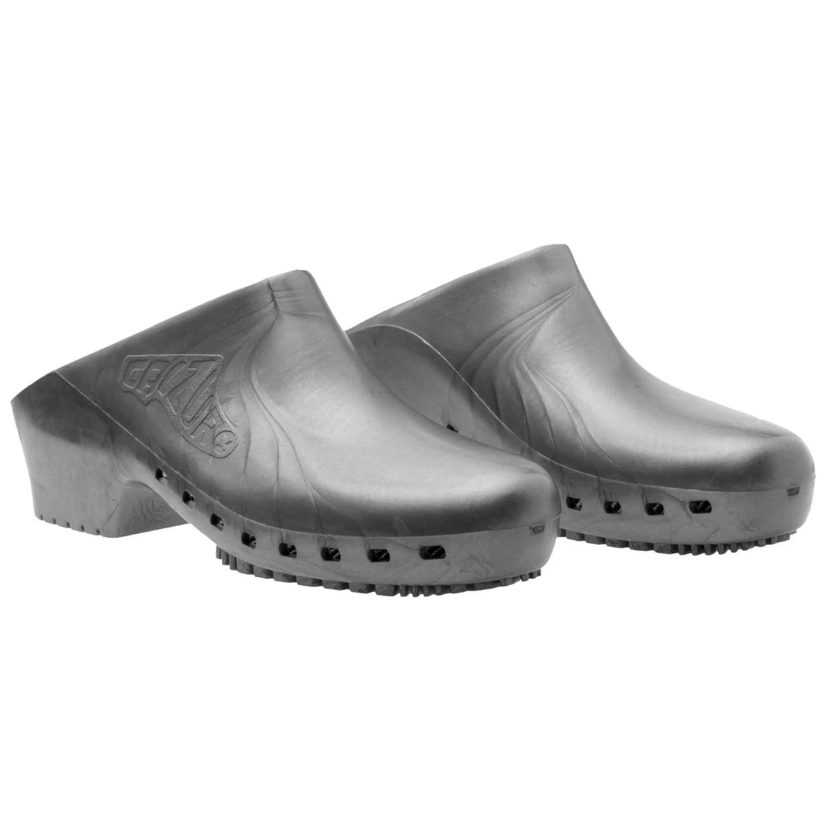 Metallic grey slip-on professional clogs with a solid upper, closed-toe design, and thick, textured rubber outsoles.