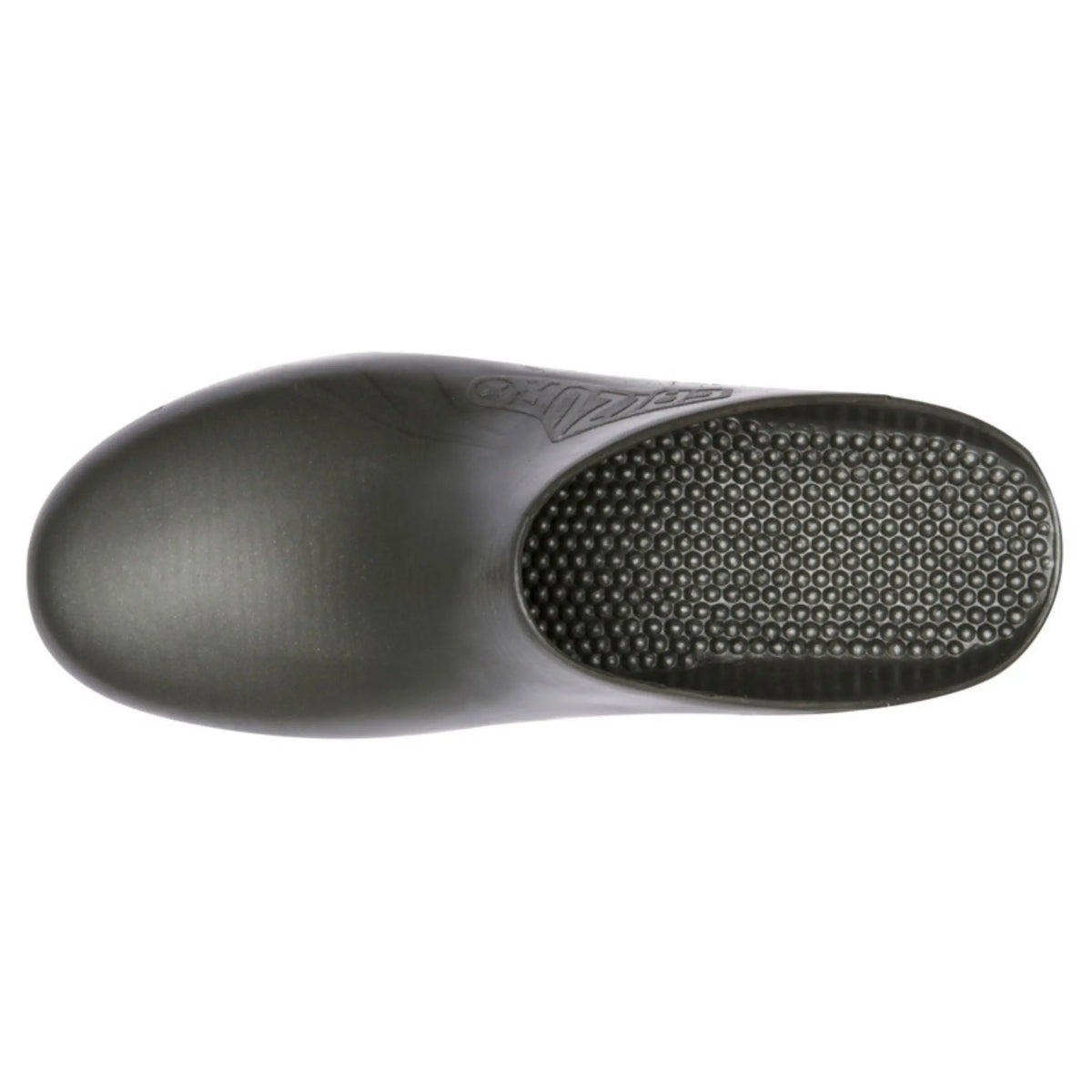 Metallic grey, hole-free, slip-on medical clog with a textured, non-slip honeycomb insole, viewed from above.