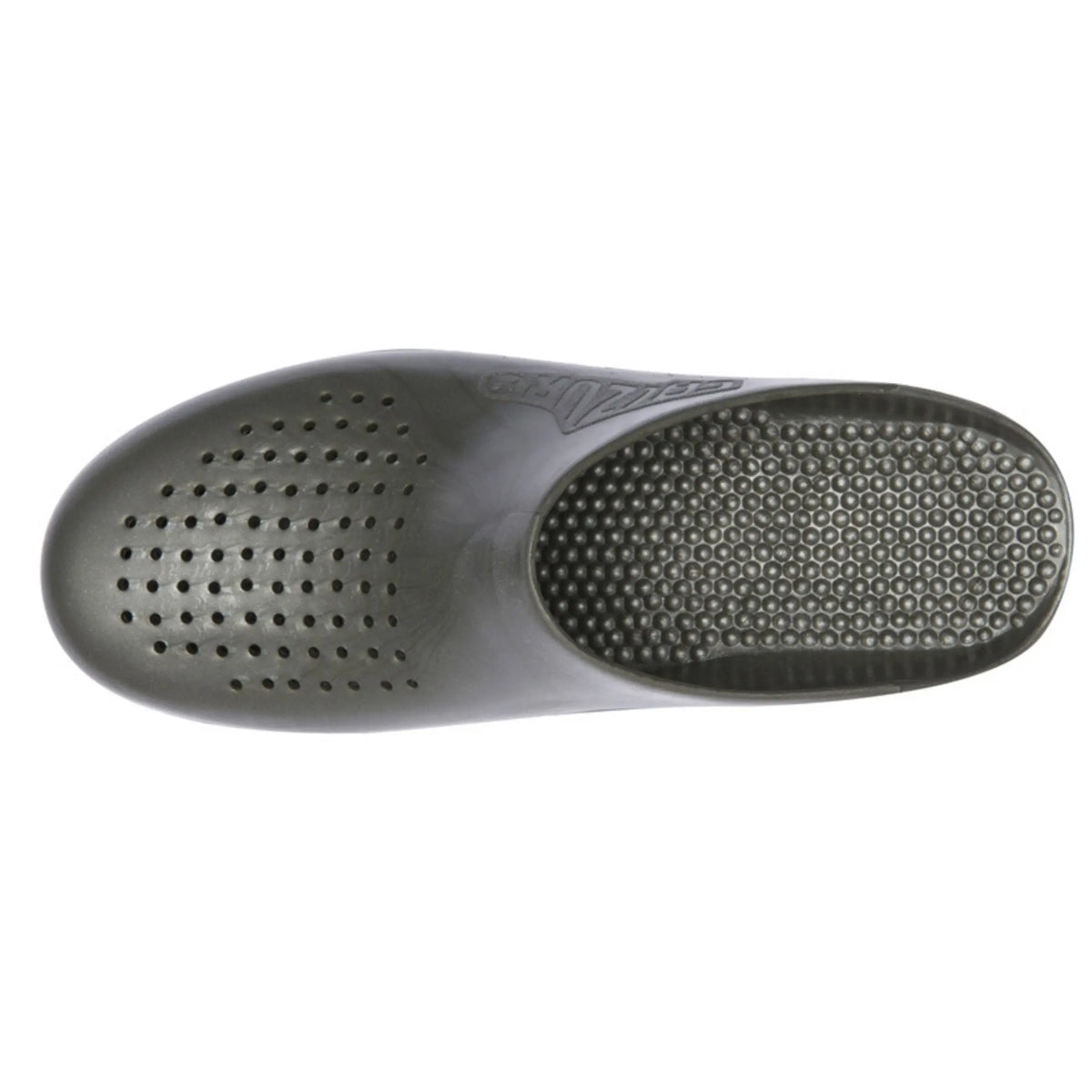 Metallic grey slip-on clog with front ventilation holes, a textured insole, and a rounded toe on a white background.