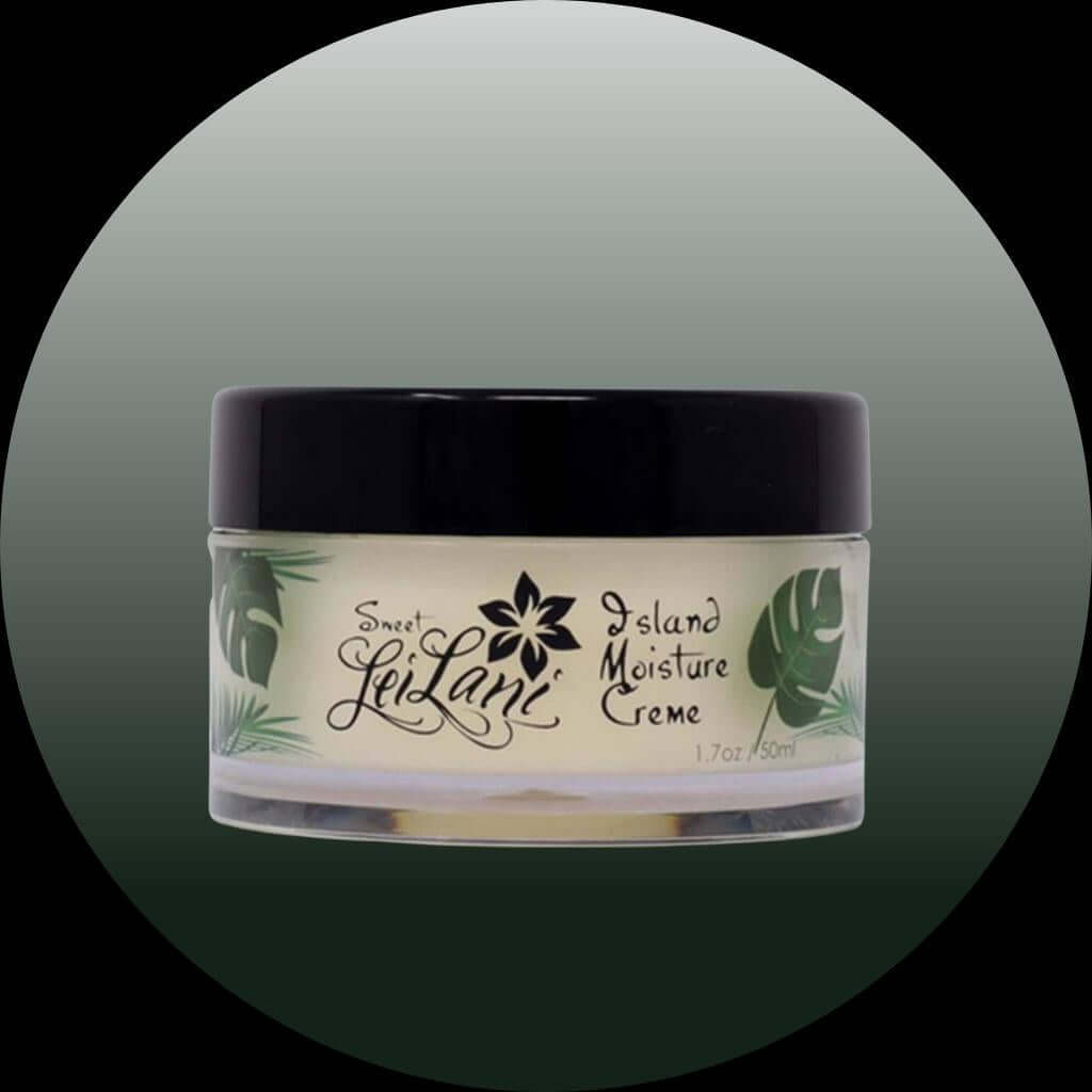 Island Moisture | Face and Hair Conditioner in a cream jar with tropical leaves design.