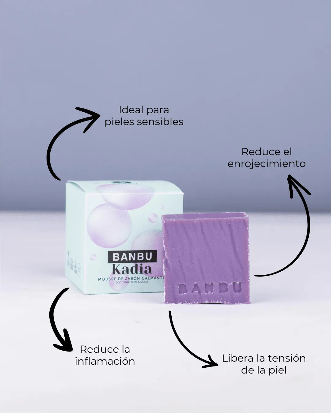 Pastilla de jabón violeta Banbu Kadia junto a su caja azul claro con burbujas, resaltando beneficios para piel sensible.