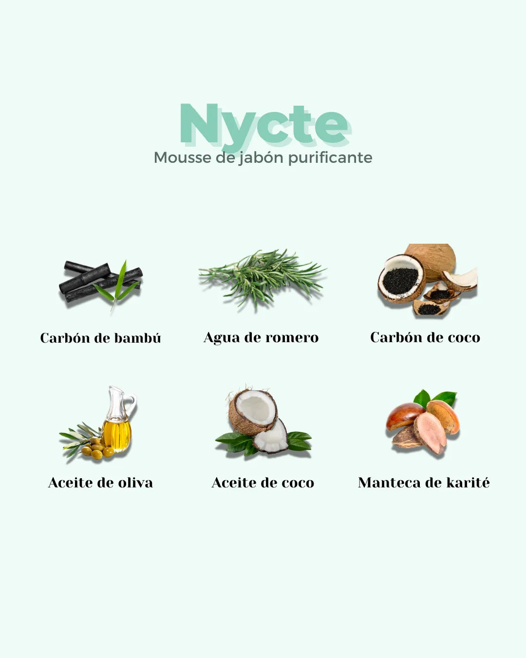 Infografía de ingredientes naturales de la mousse facial Nycte de Banbu sobre fondo verde claro.