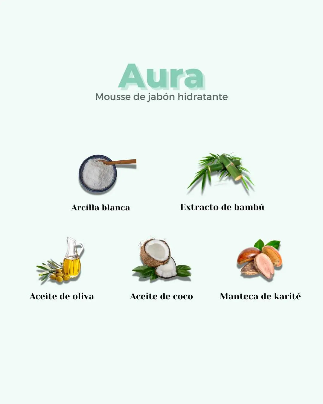 Mousse facial AURA de Banbu: imagen con sus ingredientes naturales como arcilla, bambú, oliva, coco y karité.