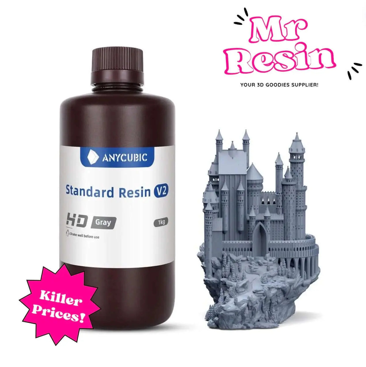 Botella de resina Anycubic V2 HD gris de 1kg junto a una figura impresa en 3D de un castillo detallado.