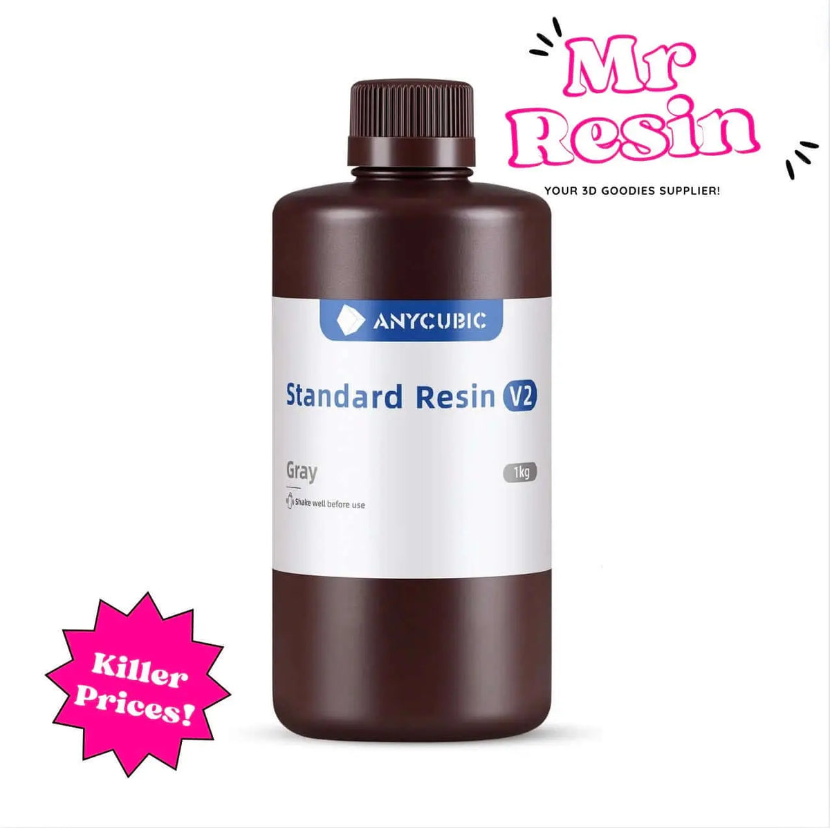 Botella de resina gris Anycubic V2 de 1Kg para impresión 3D, etiqueta blanca y tapa marrón oscuro sobre fondo blanco.