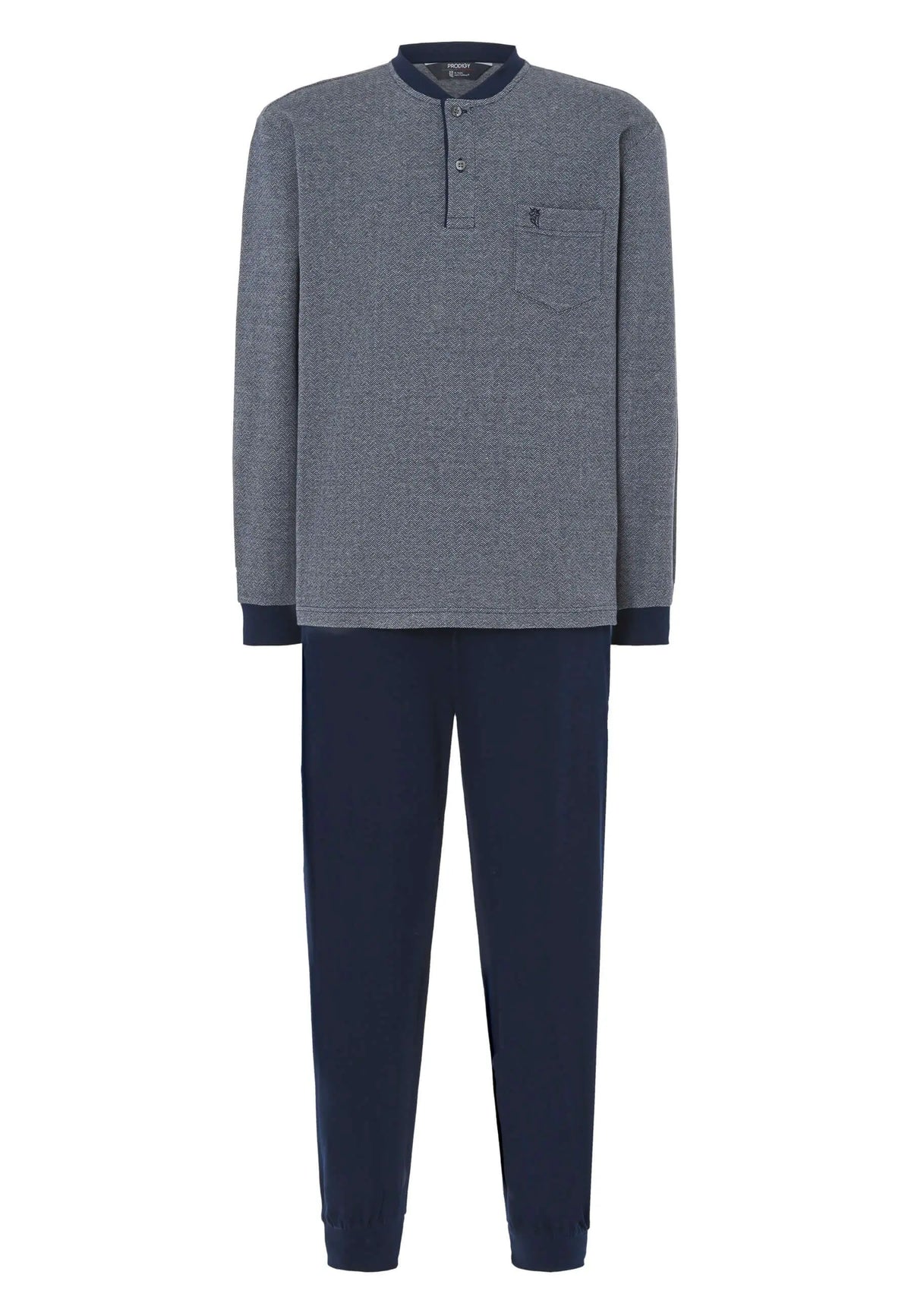 Pijama de hombre azul de algodón, camiseta de punto con tapeta de botones y pantalón largo de ajuste cómodo.