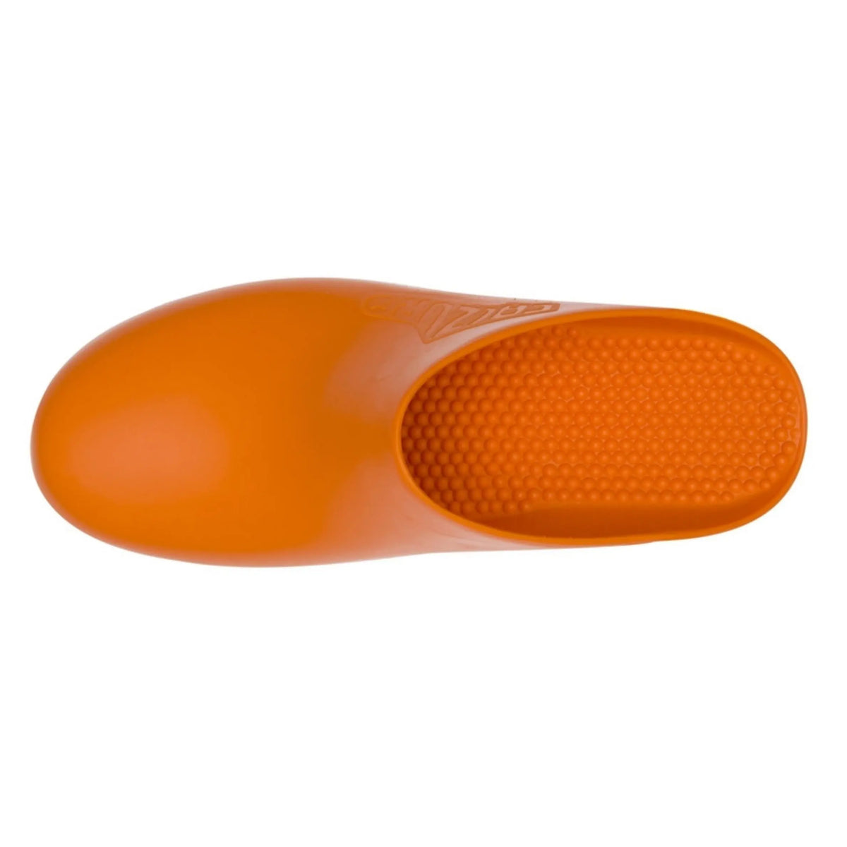 Bright orange rubber clog, smooth closed-toe front, and textured massaging insole, seen from a top-down perspective.