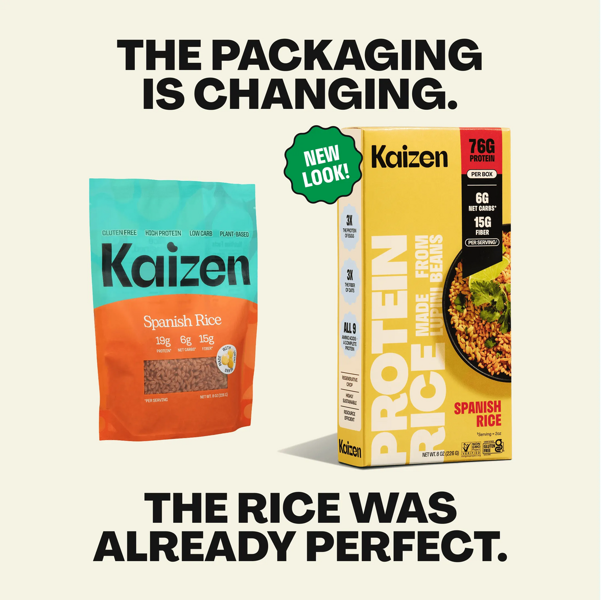 Old teal/orange bag and new yellow box of Kaizen Spanish Rice side-by-side with text announcing a packaging update.