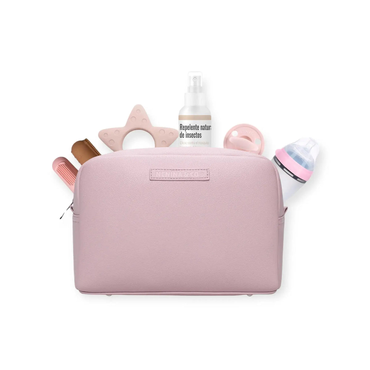 Pack Nacimiento Bebé: Portadocumentos + Neceser de Eco Piel MIREM Rosa pálido