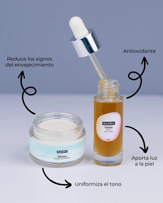 Pack Banbu de crema nutritiva y sérum antioxidante en envases de vidrio, ideal para el cuidado de pieles maduras.