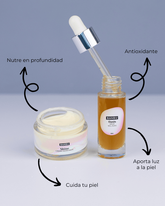 Pack facial Banbu: crema hidratante y sérum en envases de cristal con textos explicativos sobre un fondo gris.