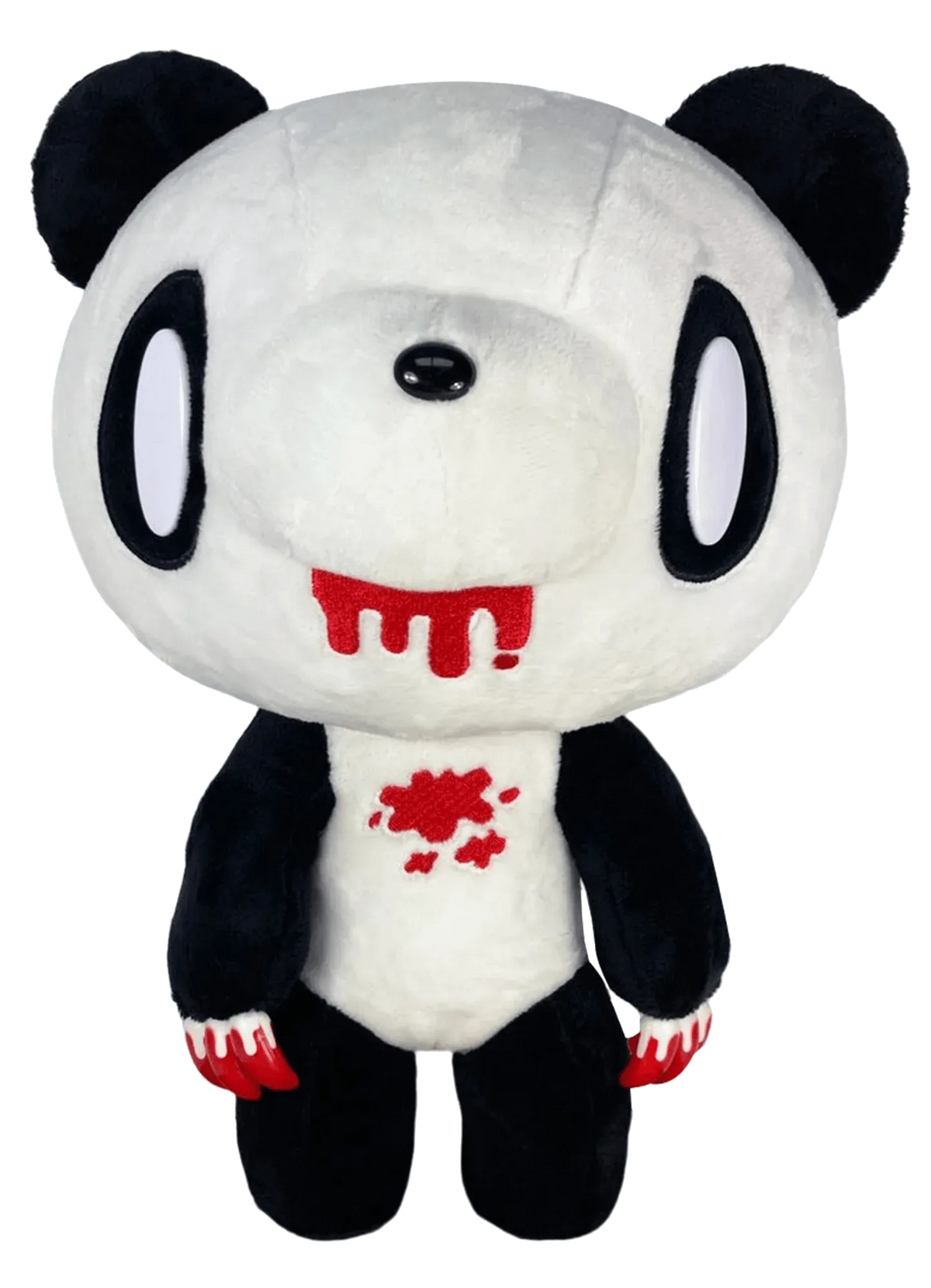 12-inch Gloomy Bear panda plush with black-and-white fur, red blood-spattered claws, mouth, and chest patches.