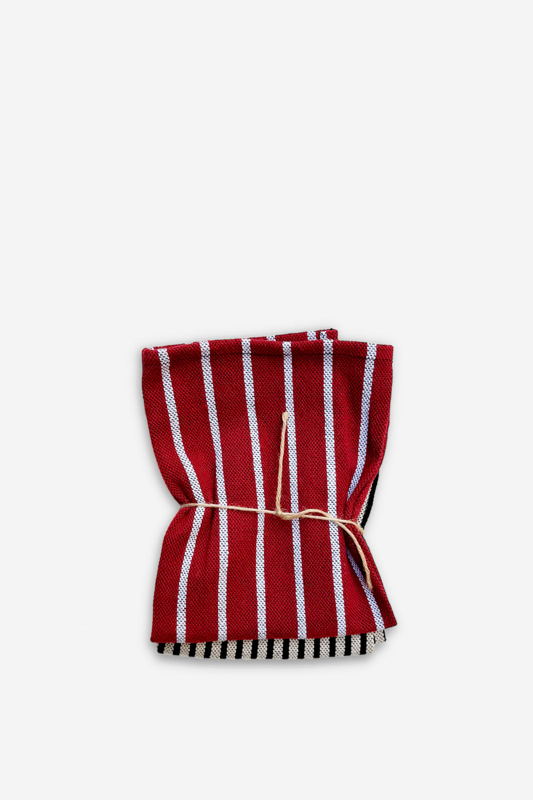 Paquete de paños de cocina rojos con rayas blancas, tejido de algodón, estilo moderno y práctico.
