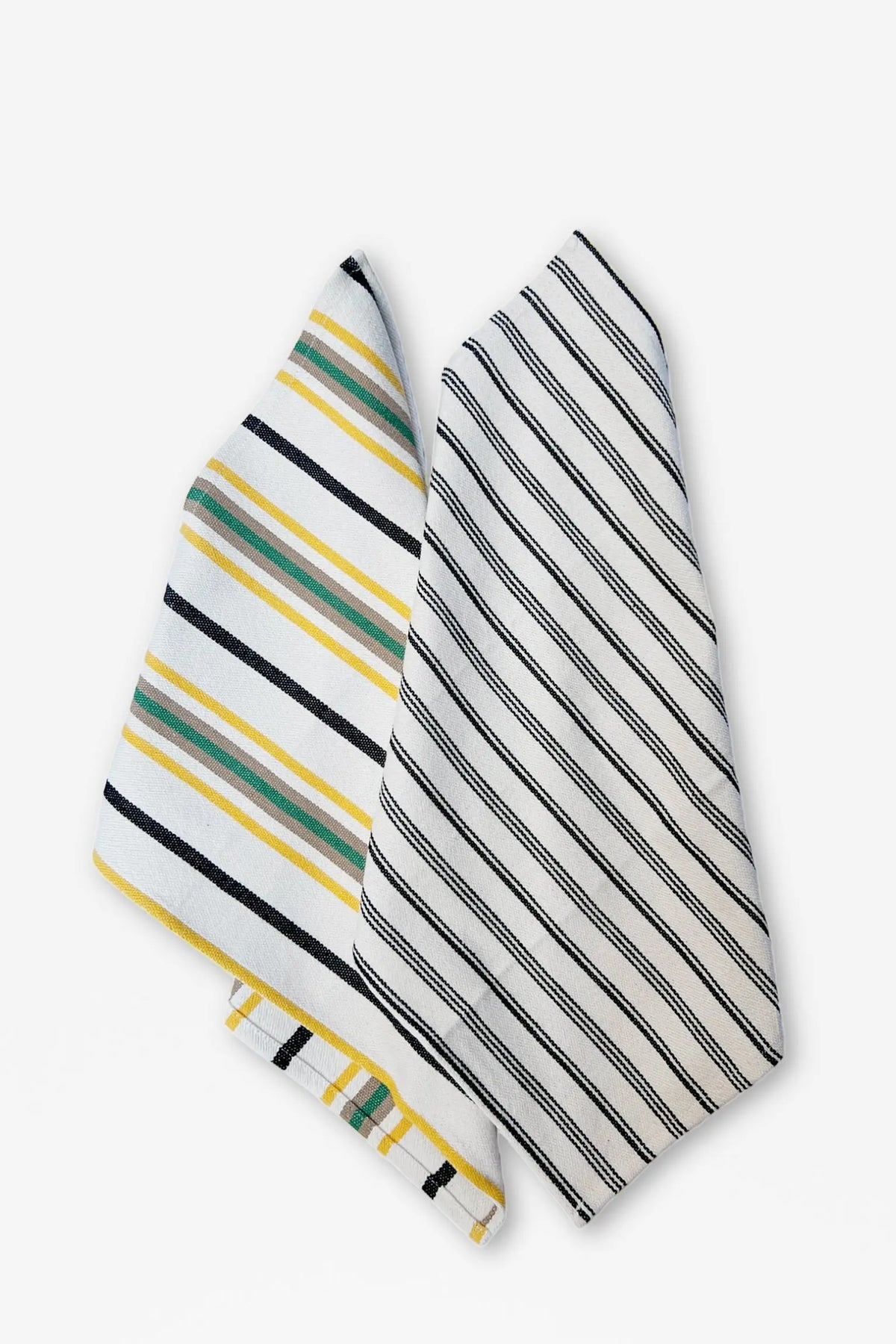 Two kitchen towels with vertical stripes: one with yellow, green, and black, the other with thin black stripes.