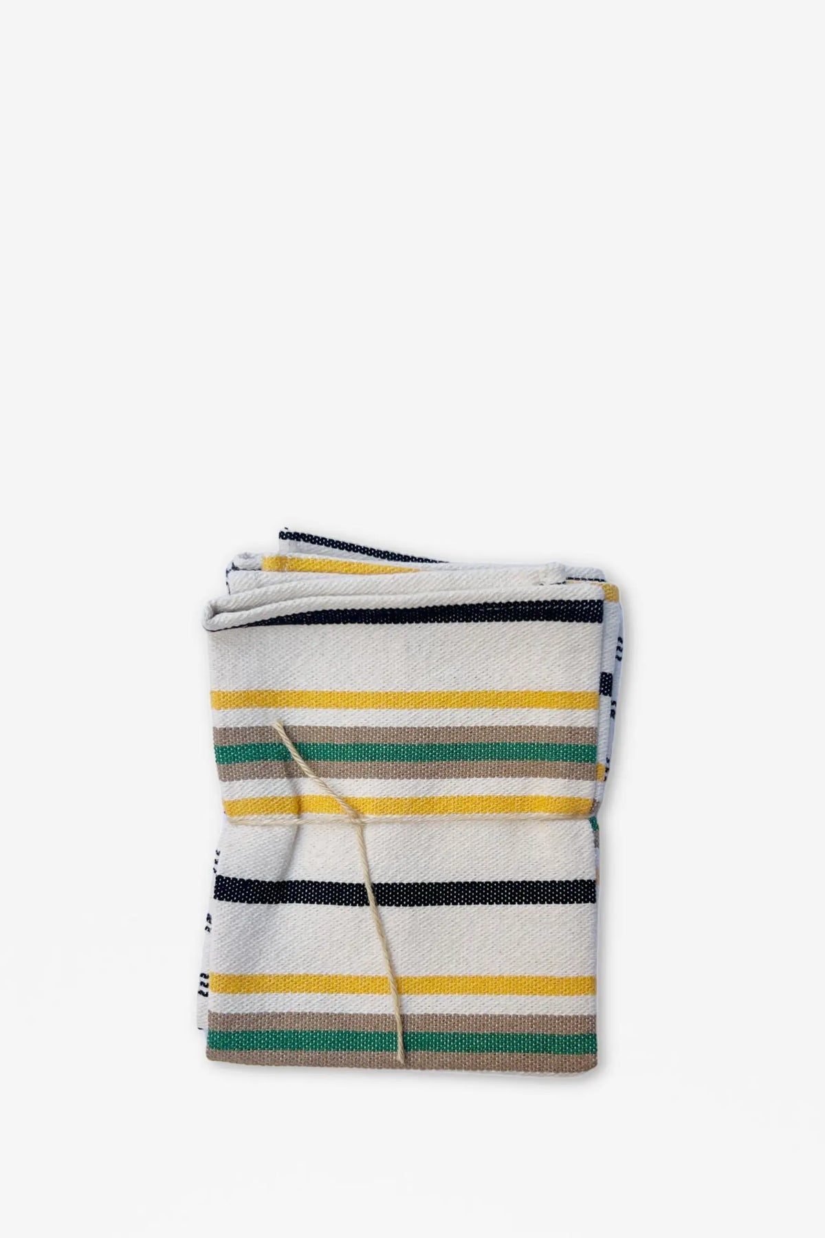 Set of two off-white kitchen towels with horizontal stripes in yellow, black, beige, and green, tied with twine.