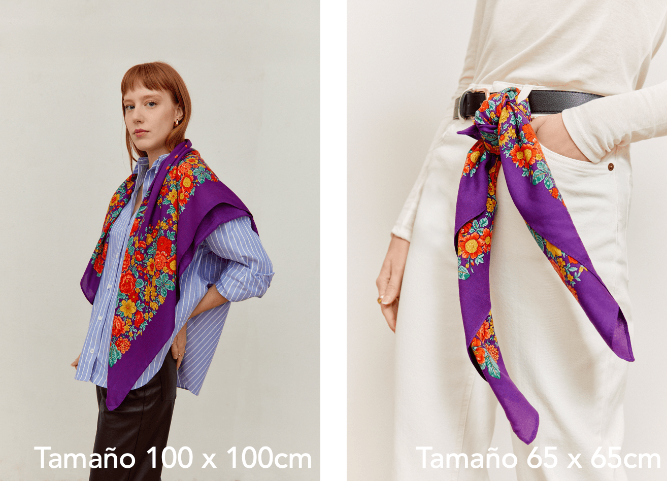 Pañuelo morado con estampado de flores coloridas en estilo tradicional portugués, mostrado en dos tamaños distintos.