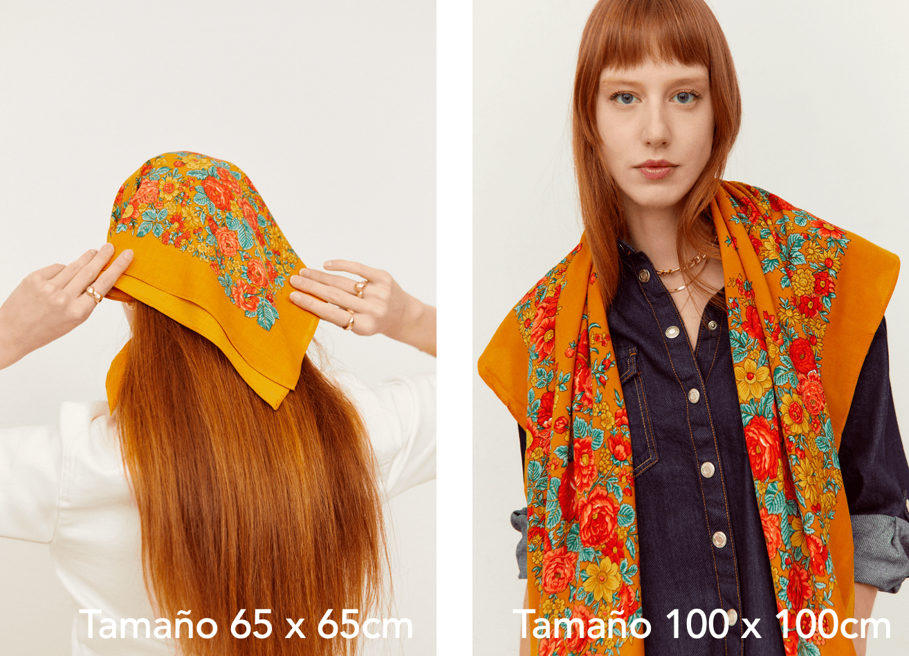 Pañuelo color ocre con estampado floral tradicional, mostrando dos formas de uso sobre una modelo de cabello pelirrojo.
