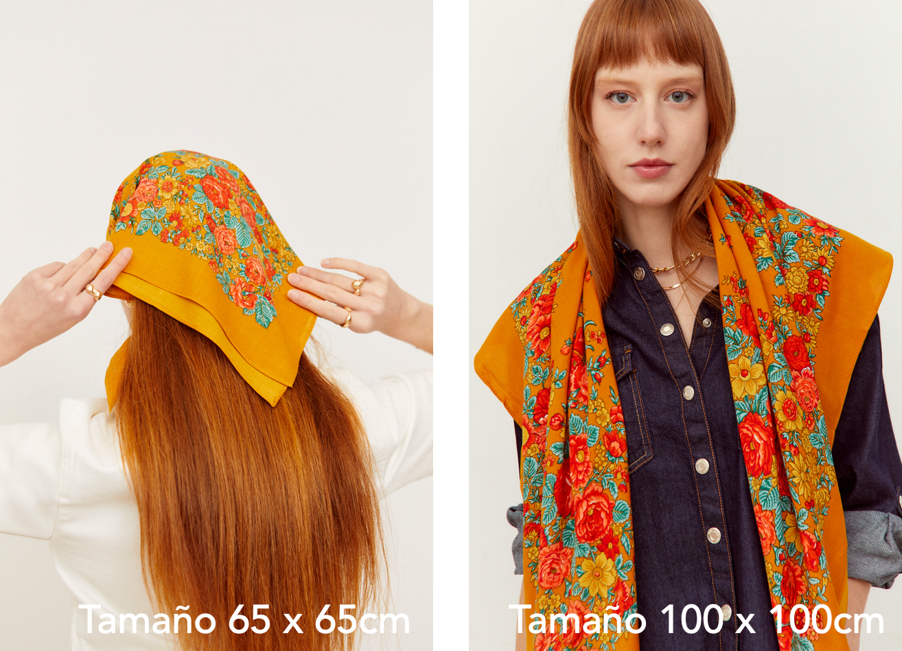 Pañuelo color ocre con estampado floral tradicional, mostrando dos formas de uso sobre una modelo de cabello pelirrojo.