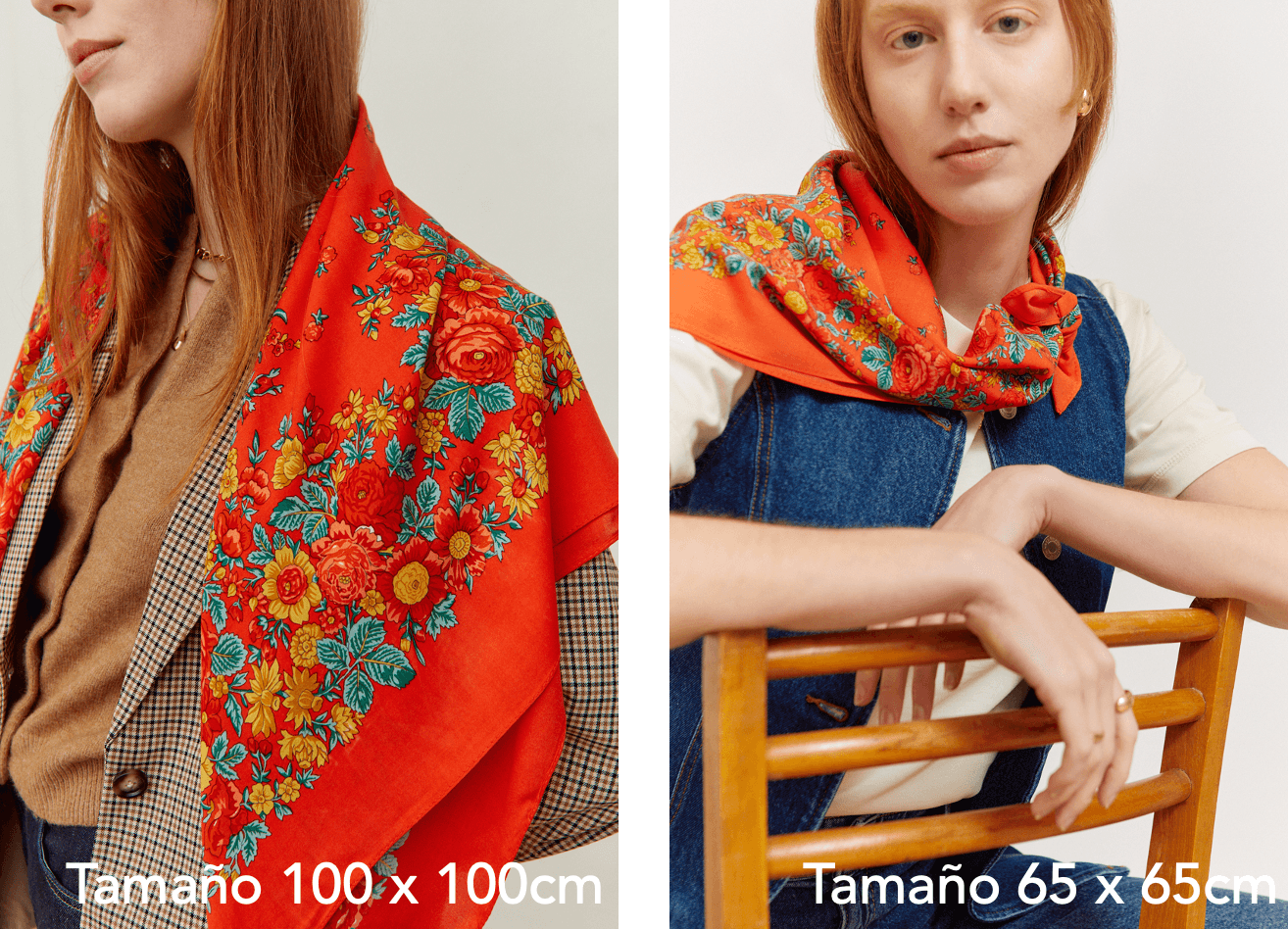 Pañuelo rojo con estampado floral tradicional estilo portugués en tejido suave, disponible en dos tamaños cuadrados.